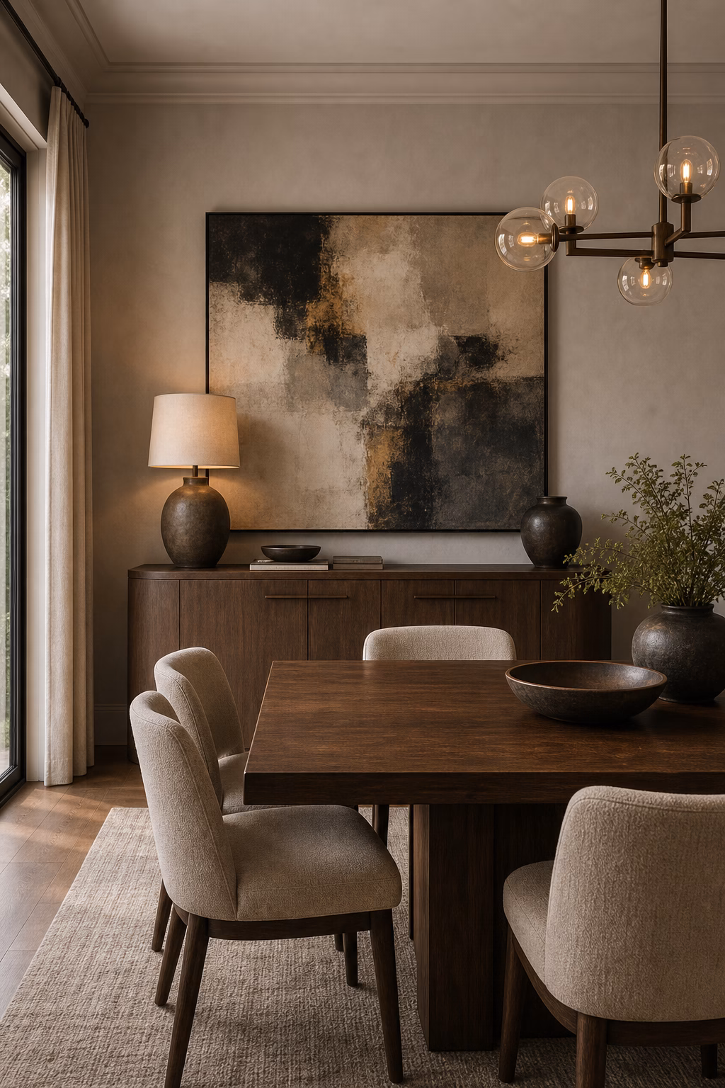 Large contemporary artwork above a sideboard in a stylish dining room.