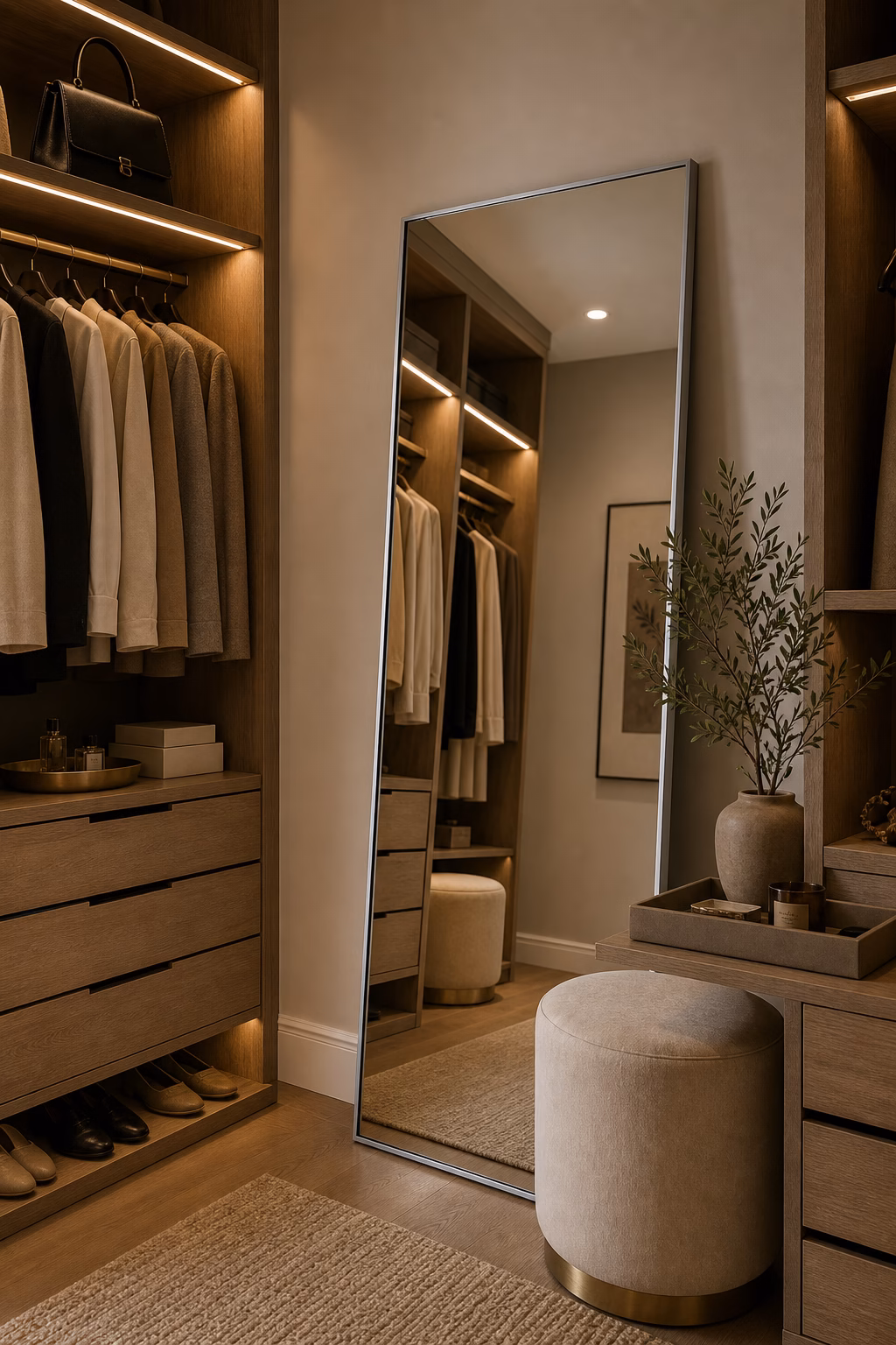 Boutique closet corner styled with a tall aluminum framed mirror