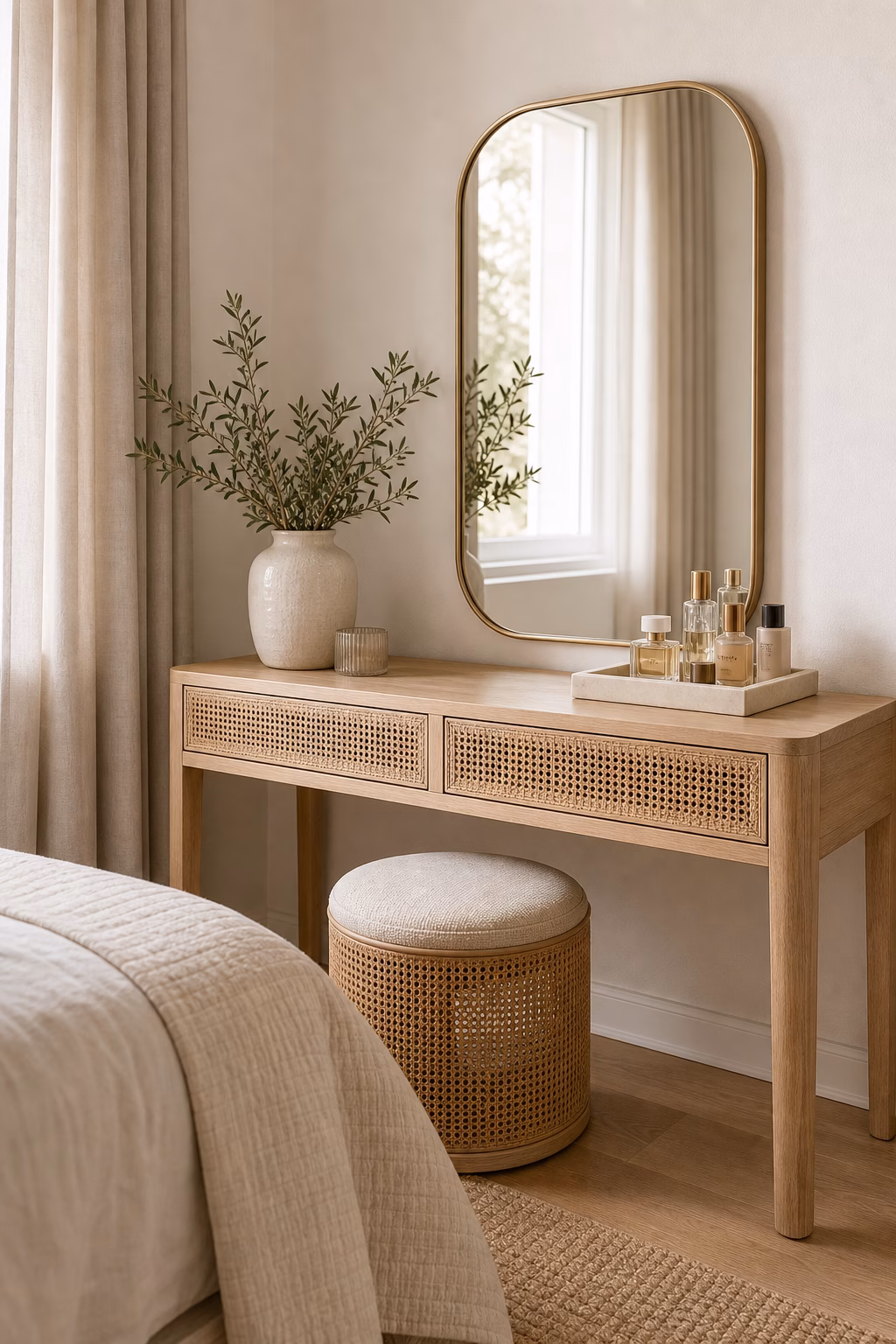 Cane-front dressing table with soft neutral bedroom decor.
