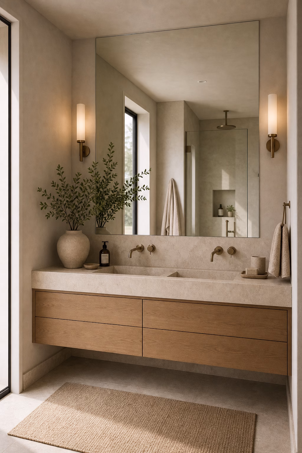 Frameless long mirror above a floating vanity in a narrow bathroom