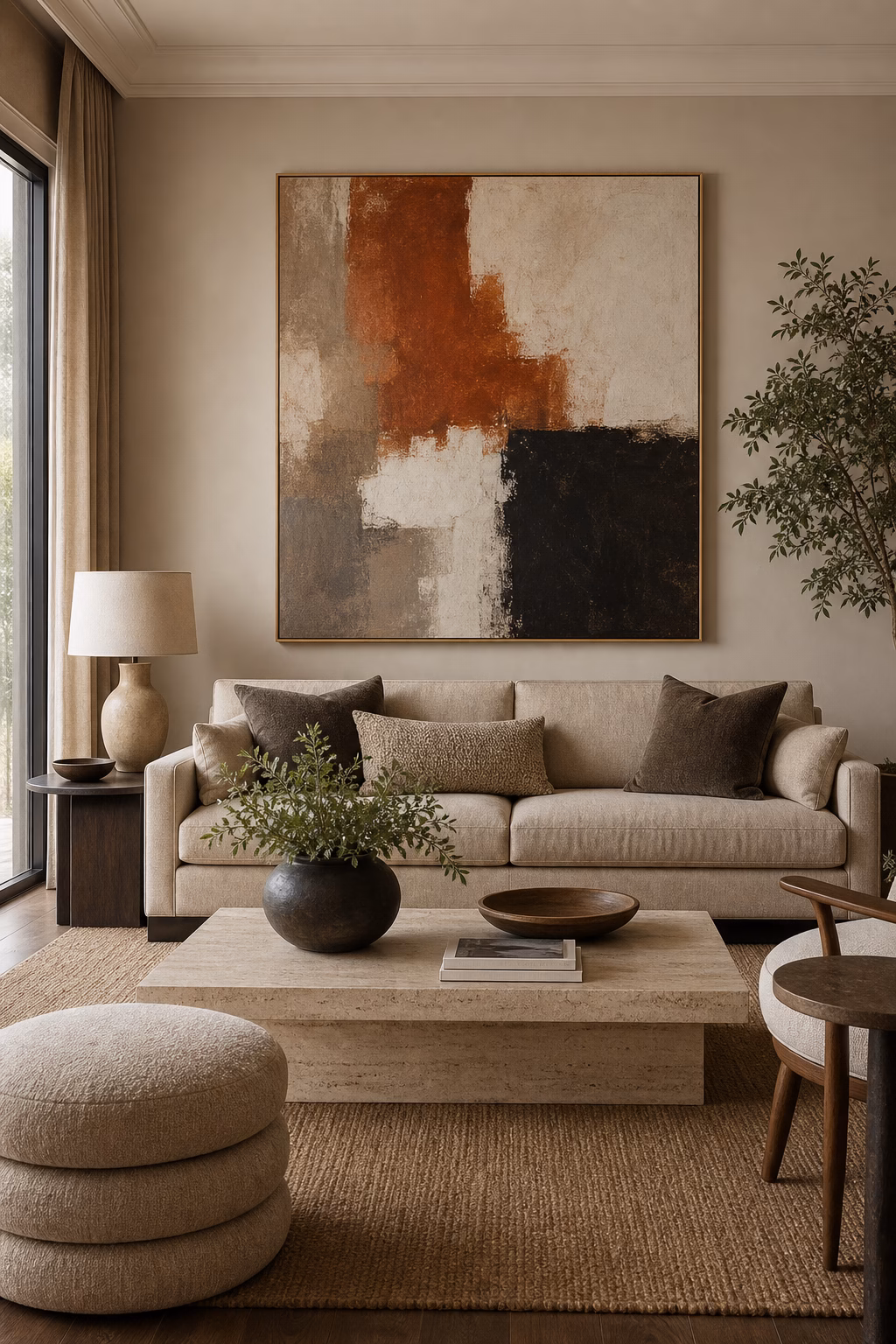 Large abstract artwork bringing color to a neutral living room