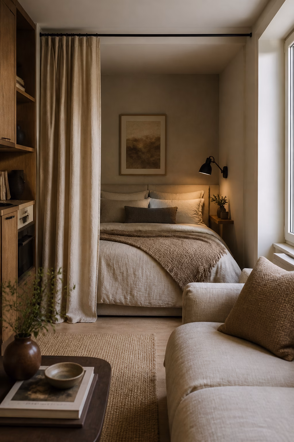 Cozy apartment bedroom nook with layered bedding and curtains