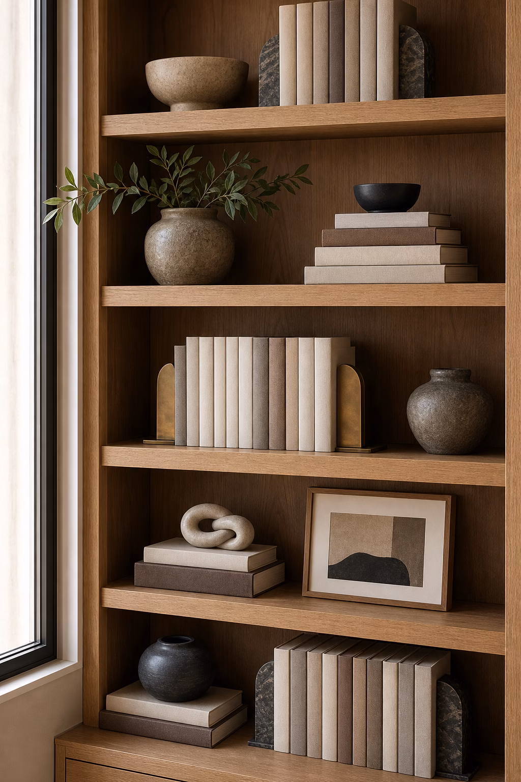 Slim stone bookends used as practical bookshelf decor
