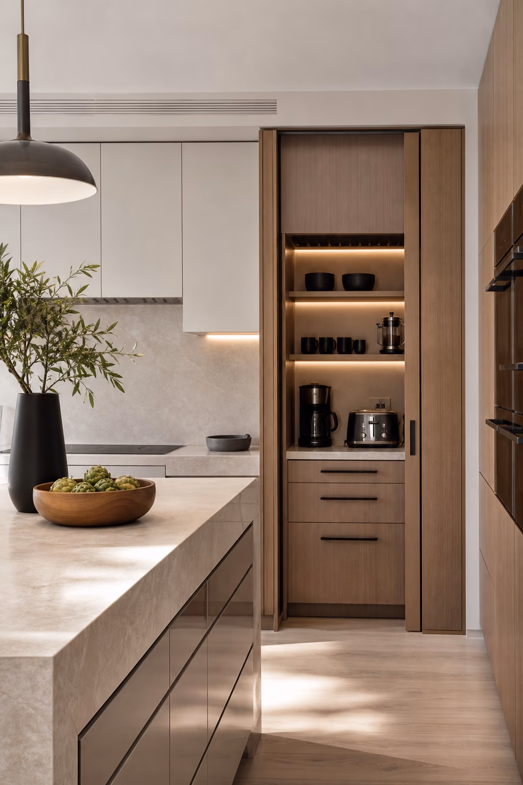 Minimalist kitchen remodel with concealed small appliance storage and clutter-free counters.