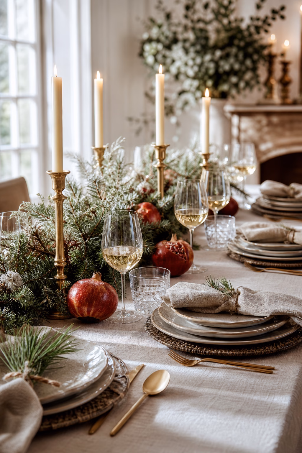 Holiday dining table layered with winter texture and low greenery