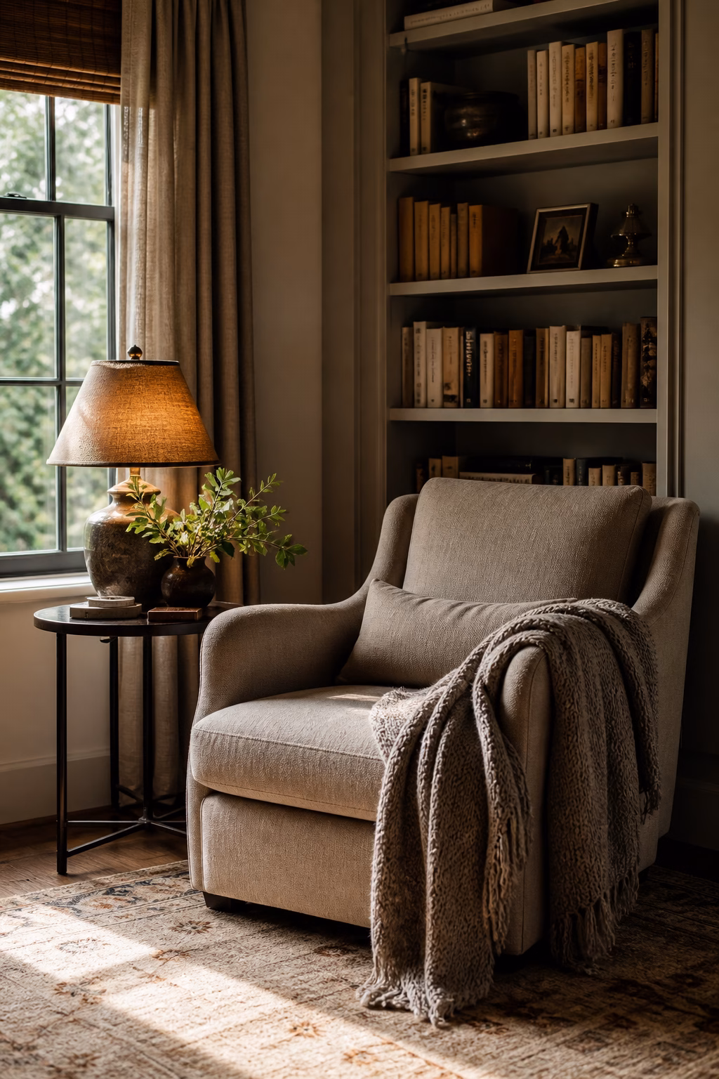 Cozy reading corner with lounge chair lamp books and small side table