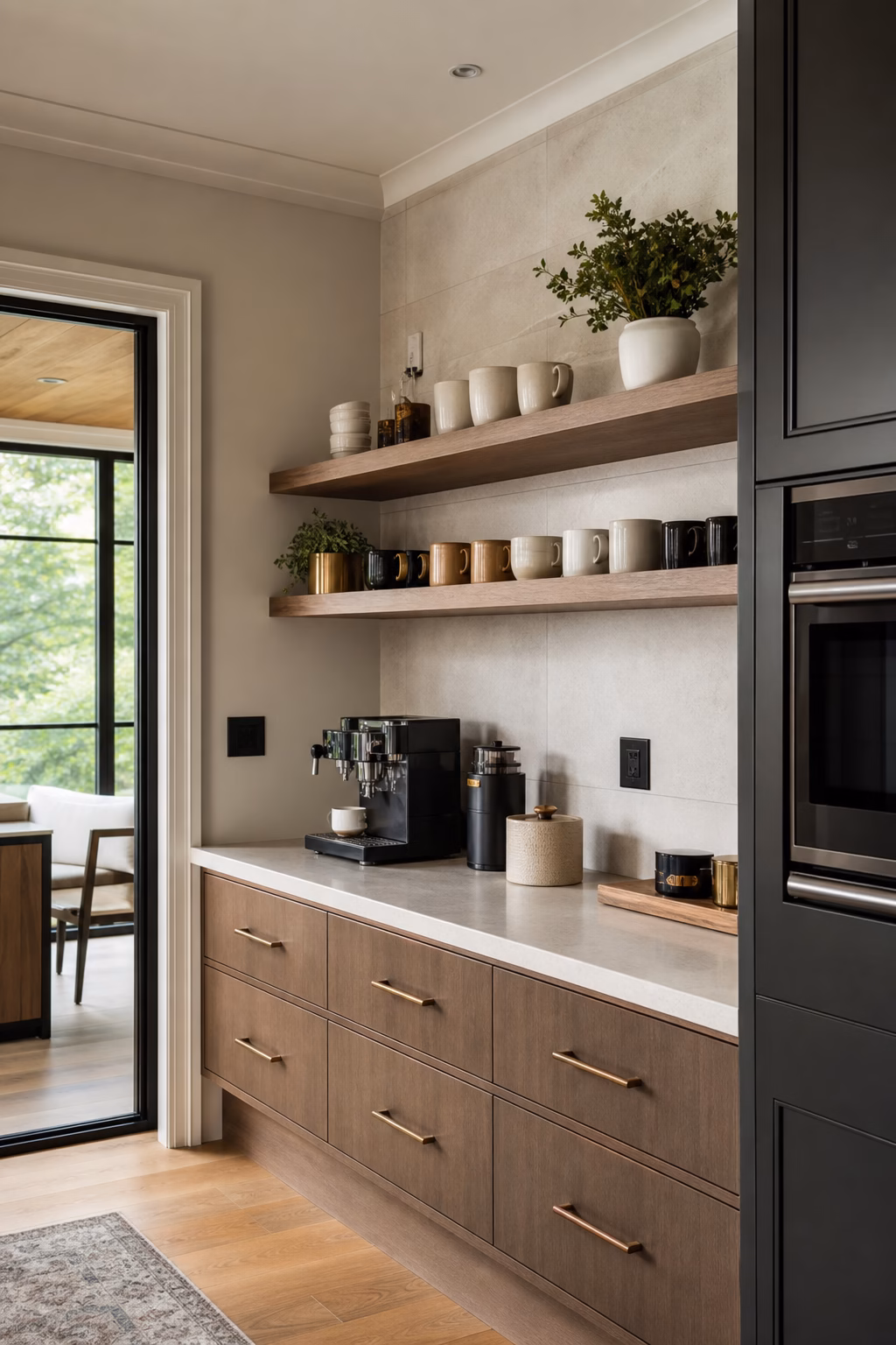 Modern kitchen coffee zone with shallow open shelves for mugs and tea tins.