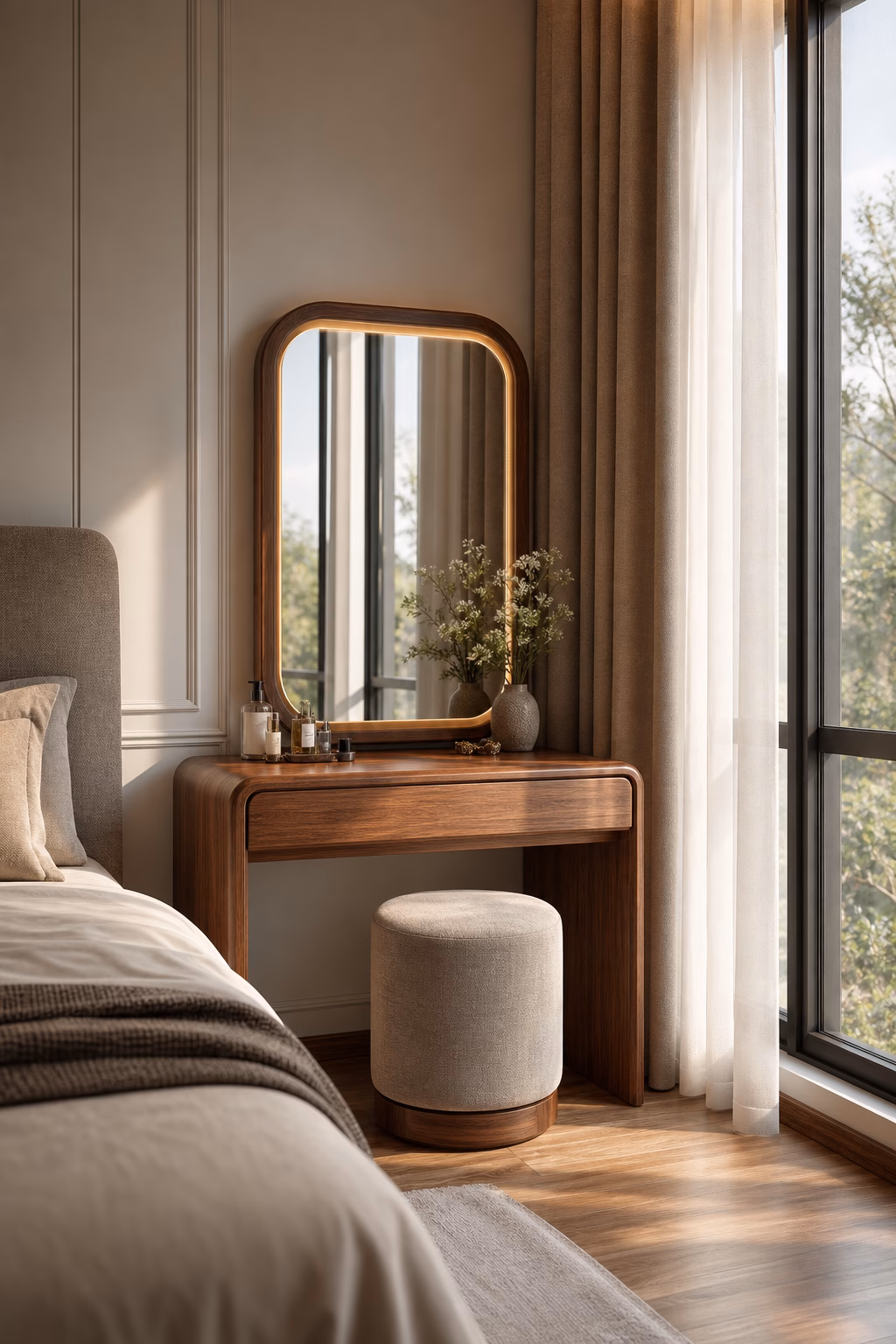 Bedroom dressing table beside a window with side-lit mirror and light-filtering curtains.