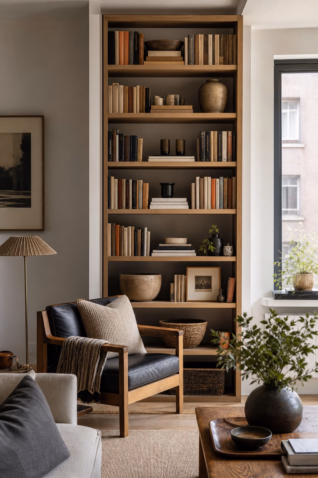 Small apartment living room with tall bookcase and edited shelves