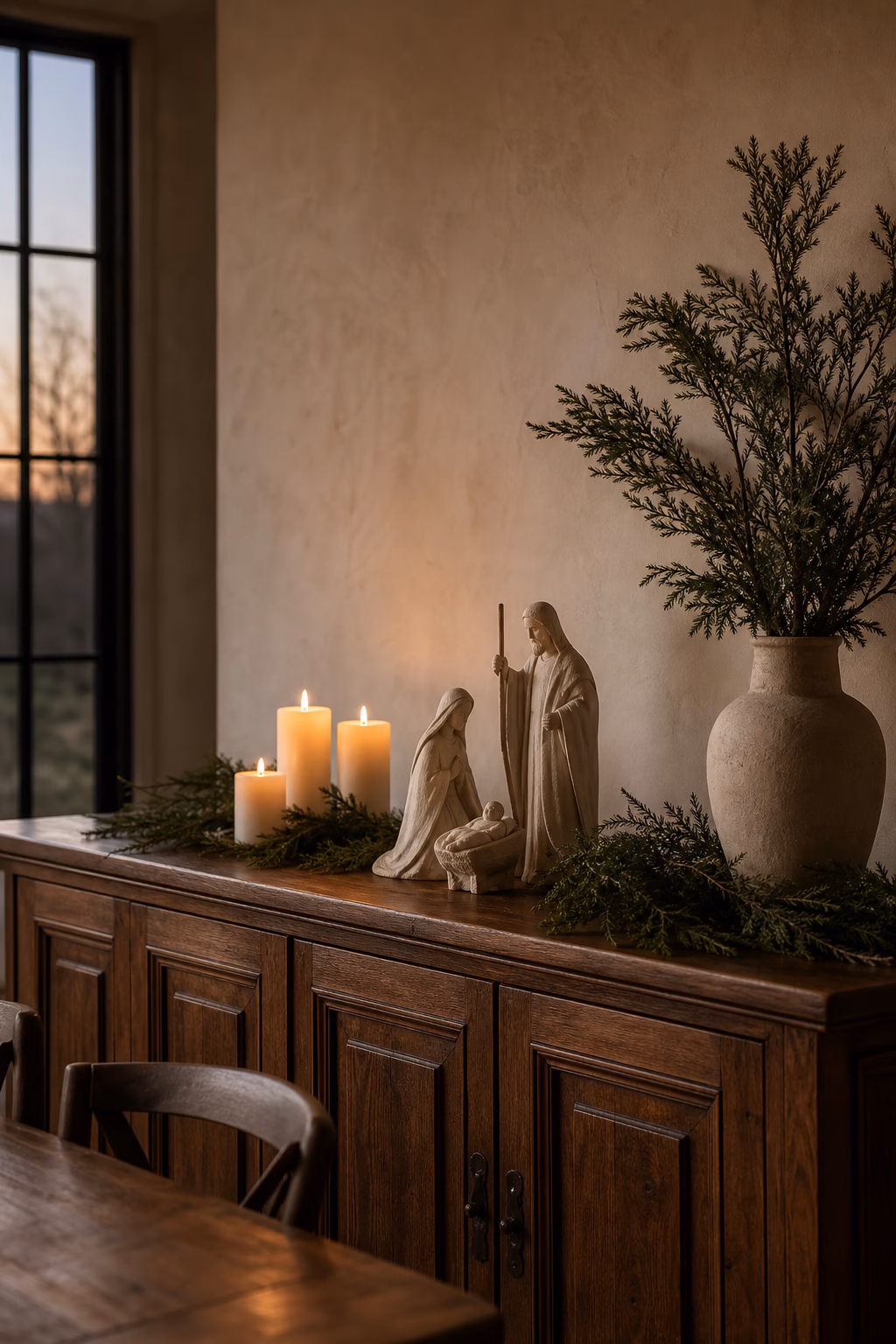 Sculptural ceramic nativity displayed on an elegant sideboard