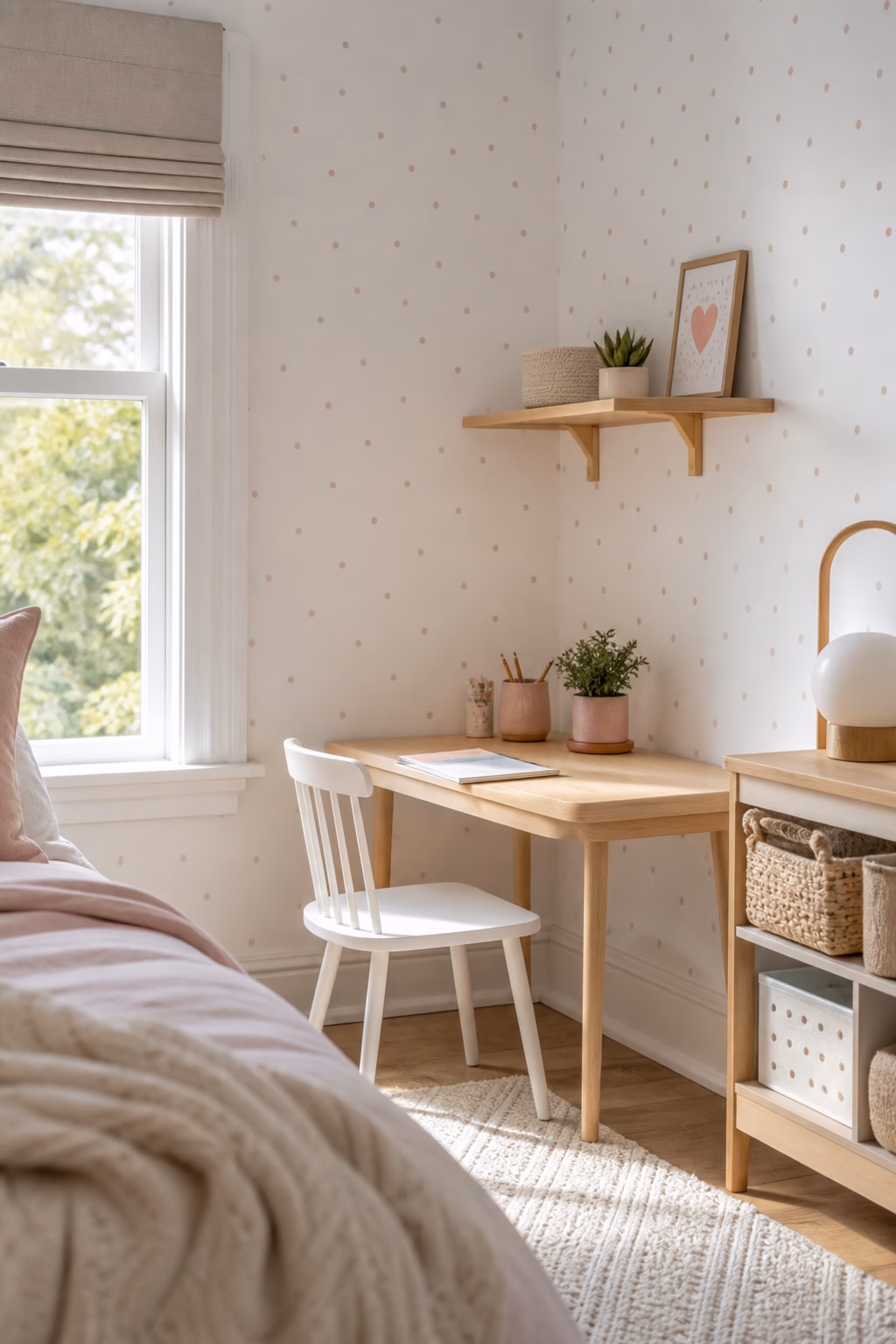 Tiny polka wall decals adding soft playfulness to a bedroom corner