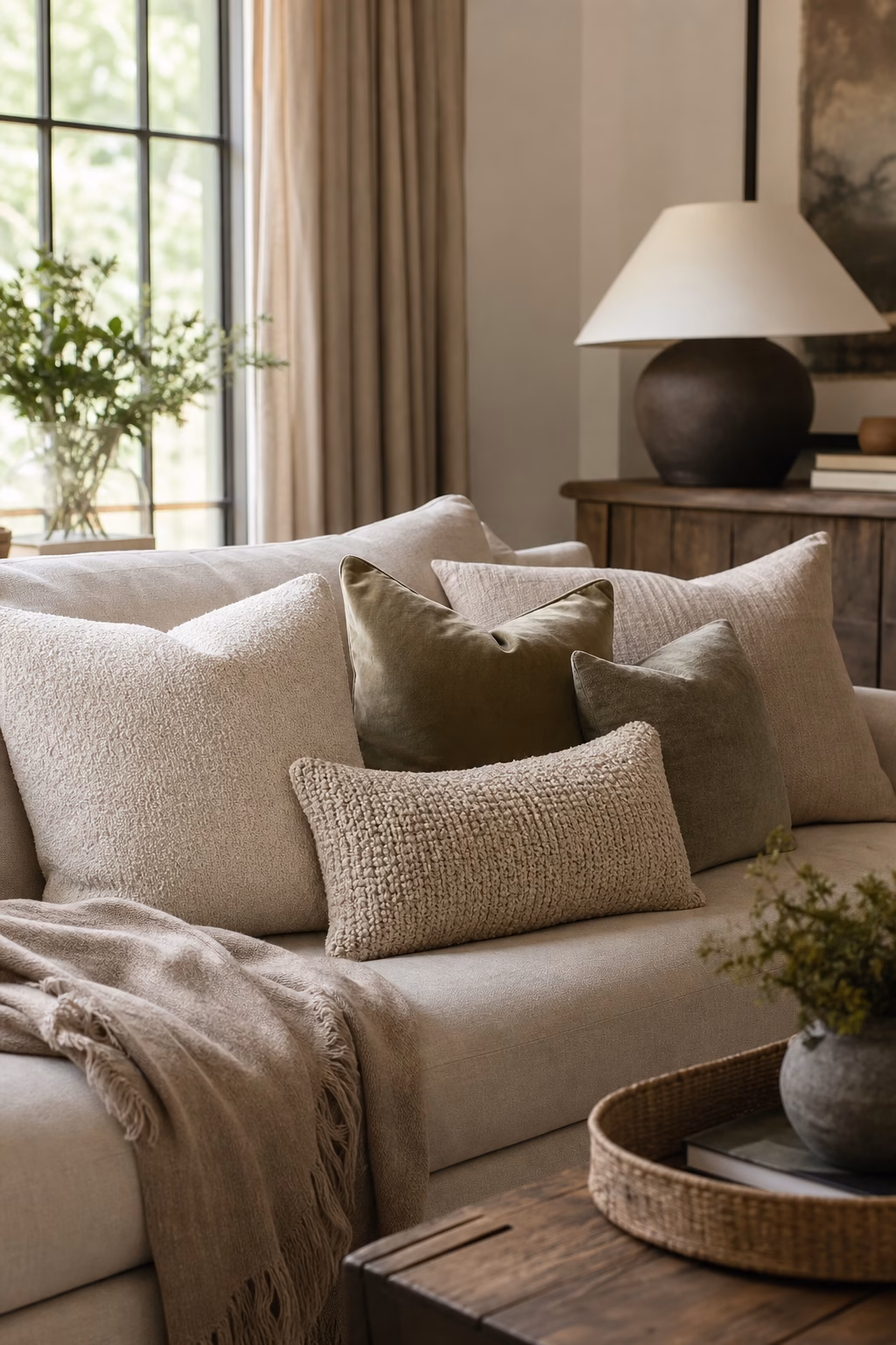 Cozy living room sofa with mixed textured throw pillows in related neutral tones.