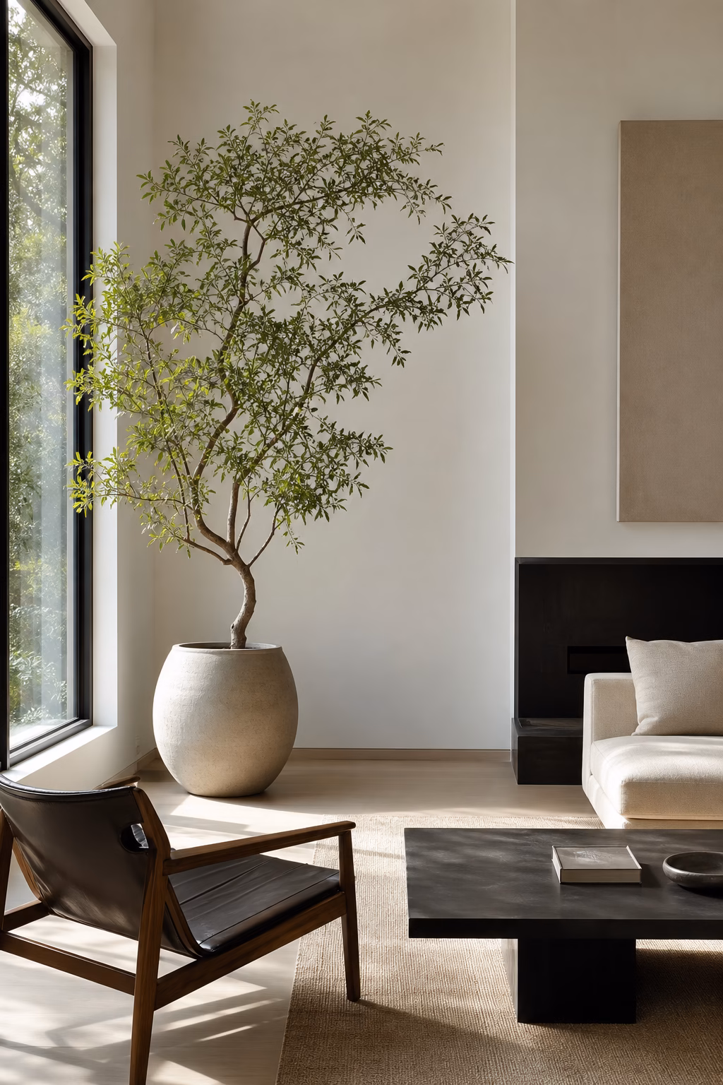 Minimalist living room with sculptural indoor tree in ceramic planter near tall window
