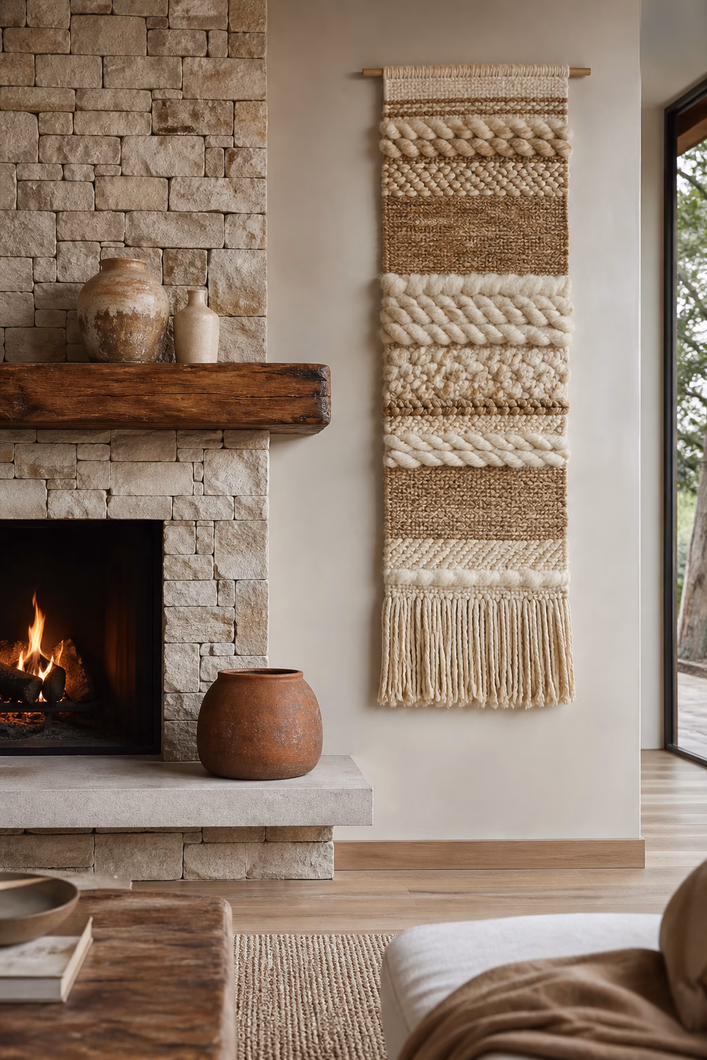 Vertical handwoven wall panel balancing a modern fireplace in a living room.