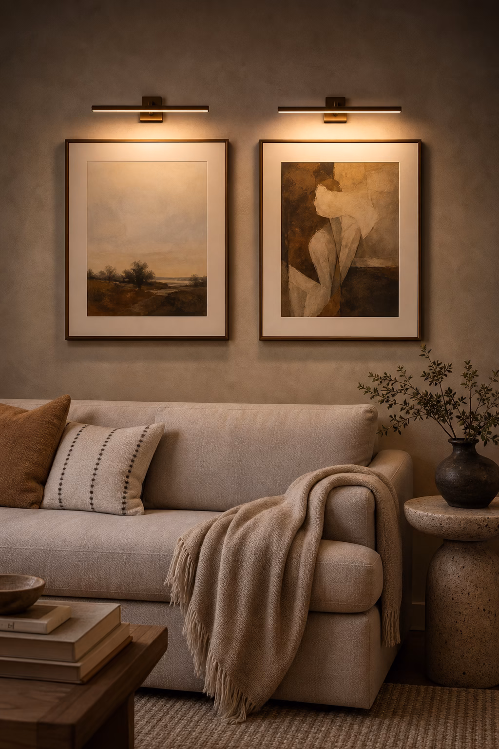 Pair of framed artworks illuminated by slim picture lights above a sofa