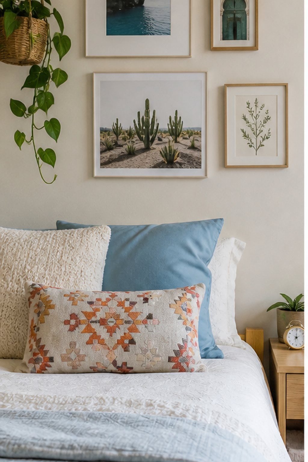Dorm wall with one organized art grouping above the bed and clean negative space.