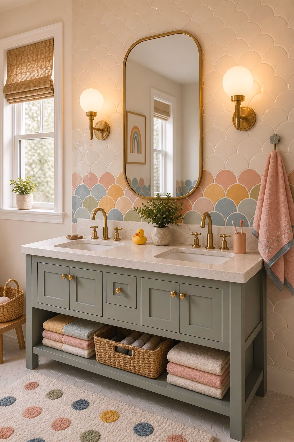 Bathroom trend idea: statement sconces frame the vanity in a realistic modern bathroom.
