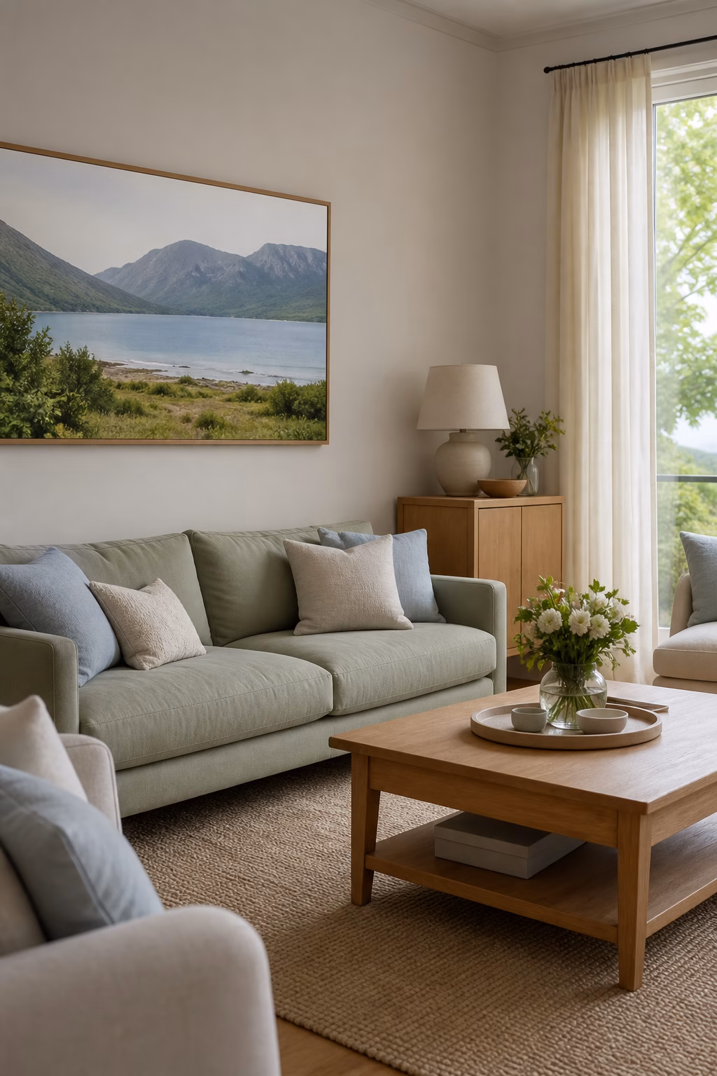 Wide landscape artwork making a living room feel more open