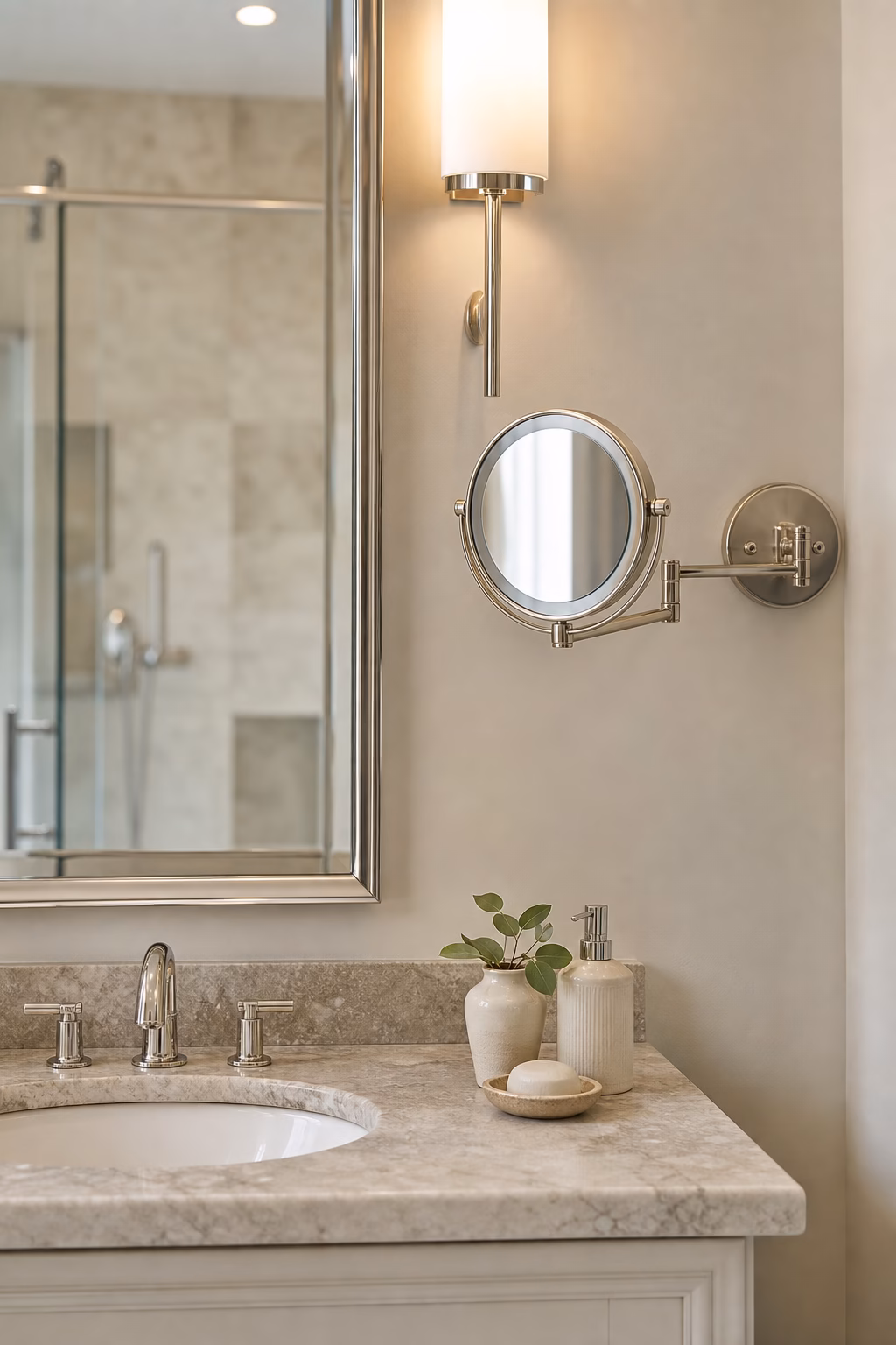 Wall mounted magnifying mirror beside a main bathroom mirror and sconce
