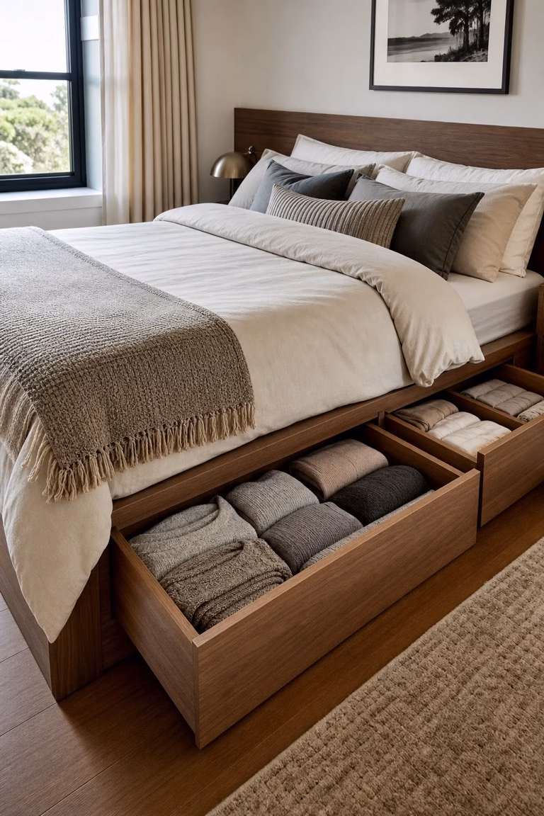 Built-in under-bed drawers replacing plastic bins in a compact adult bedroom.