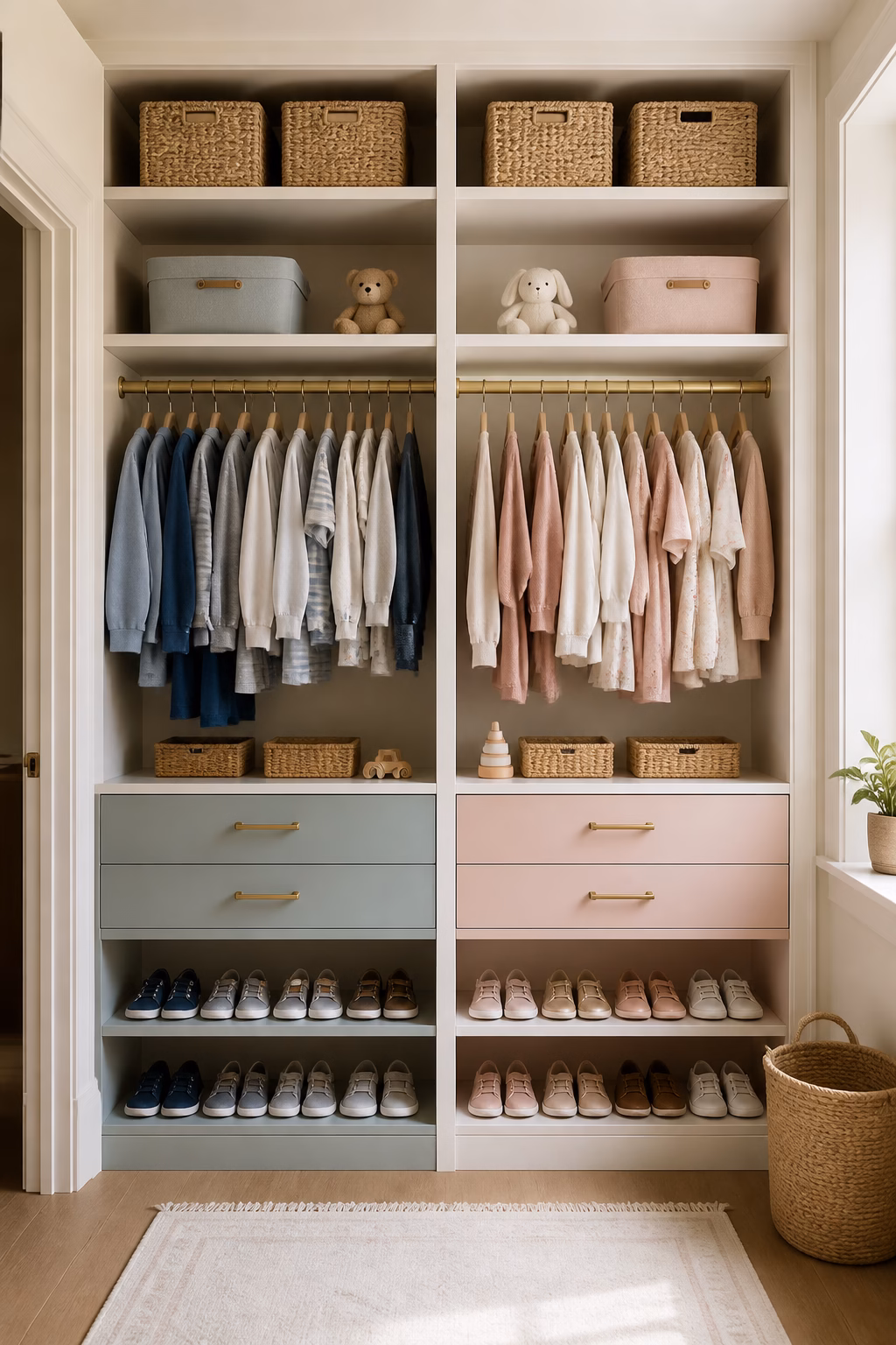 Shared sibling closet with symmetrical hanging rods, drawers, shoe shelves, baskets, and separate storage zones.