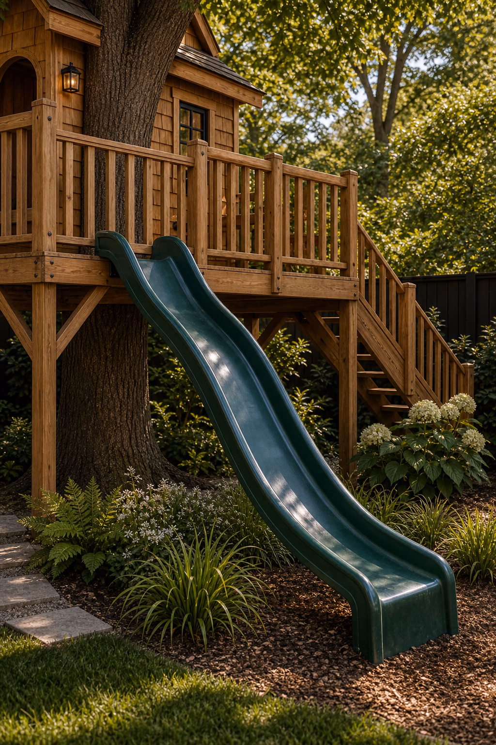 use a slide as a sculptural exit shown in a polished treehouse with realistic materials and natural light.