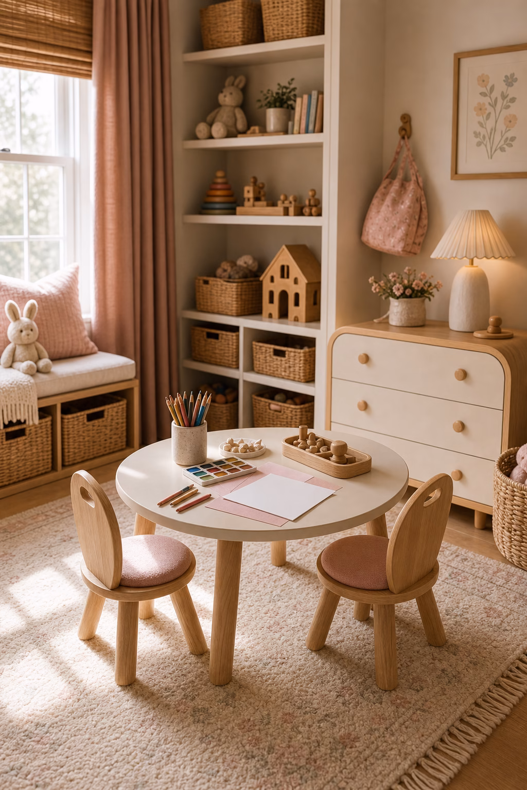 create a play table moment shown in a polished toddler girl bedroom with realistic materials and natural light.