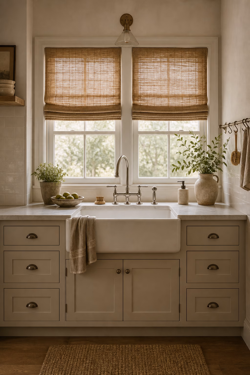 Kitchen sink wall with woven roman shades and apron front sink