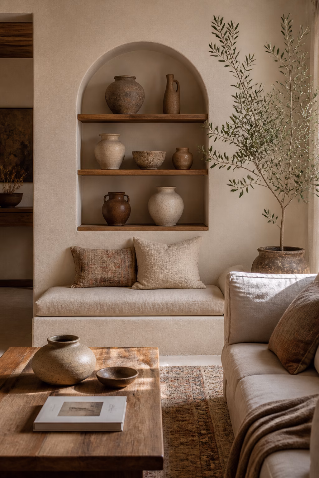 Plaster boho living room niche styled with handmade ceramics and linen bench