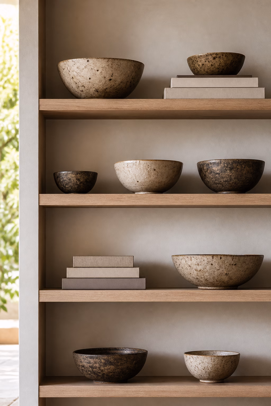 Tightly edited ceramic collection displayed on elegant shelves