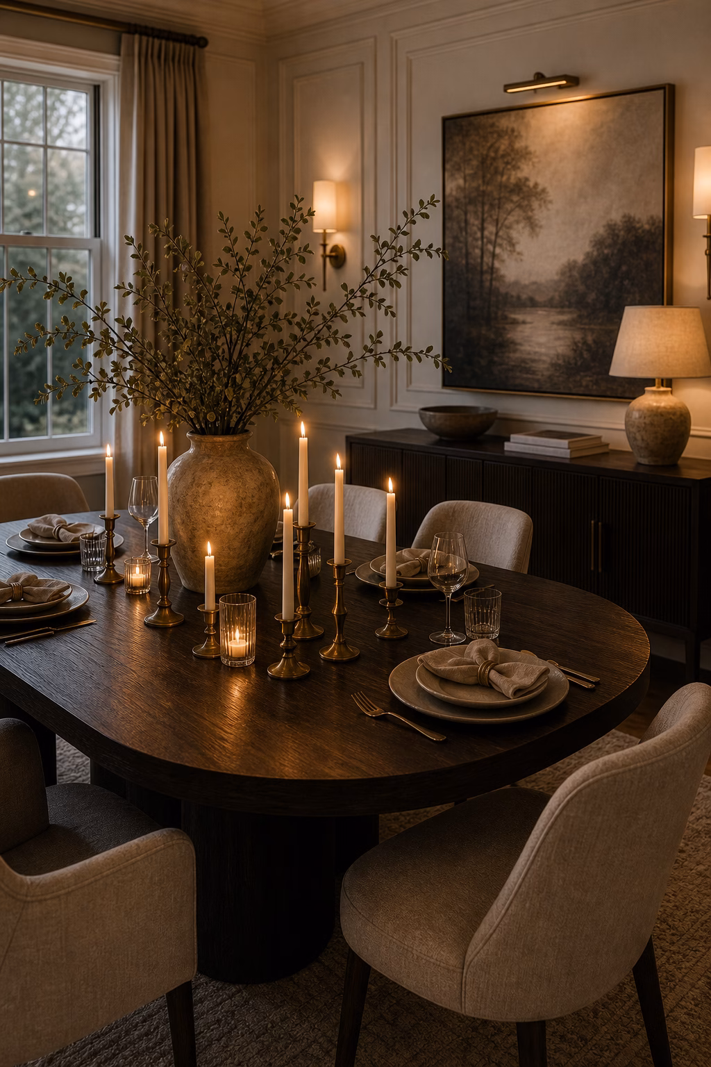 use candlelight as part of the design shown in a polished luxury dining room with realistic materials and natural light.