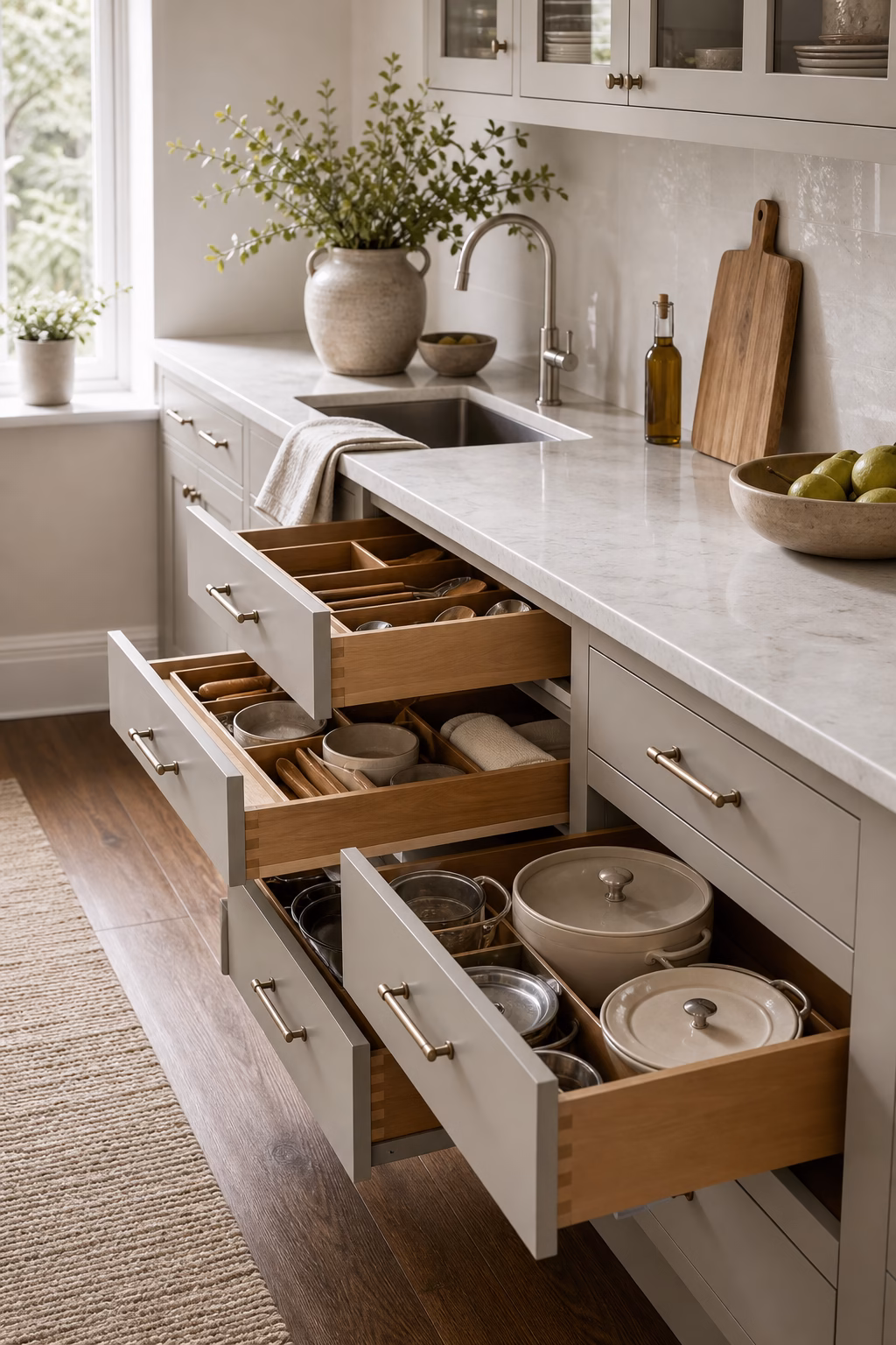 use drawers instead of deep lower cabinets shown in a polished small kitchen with realistic materials and natural light.