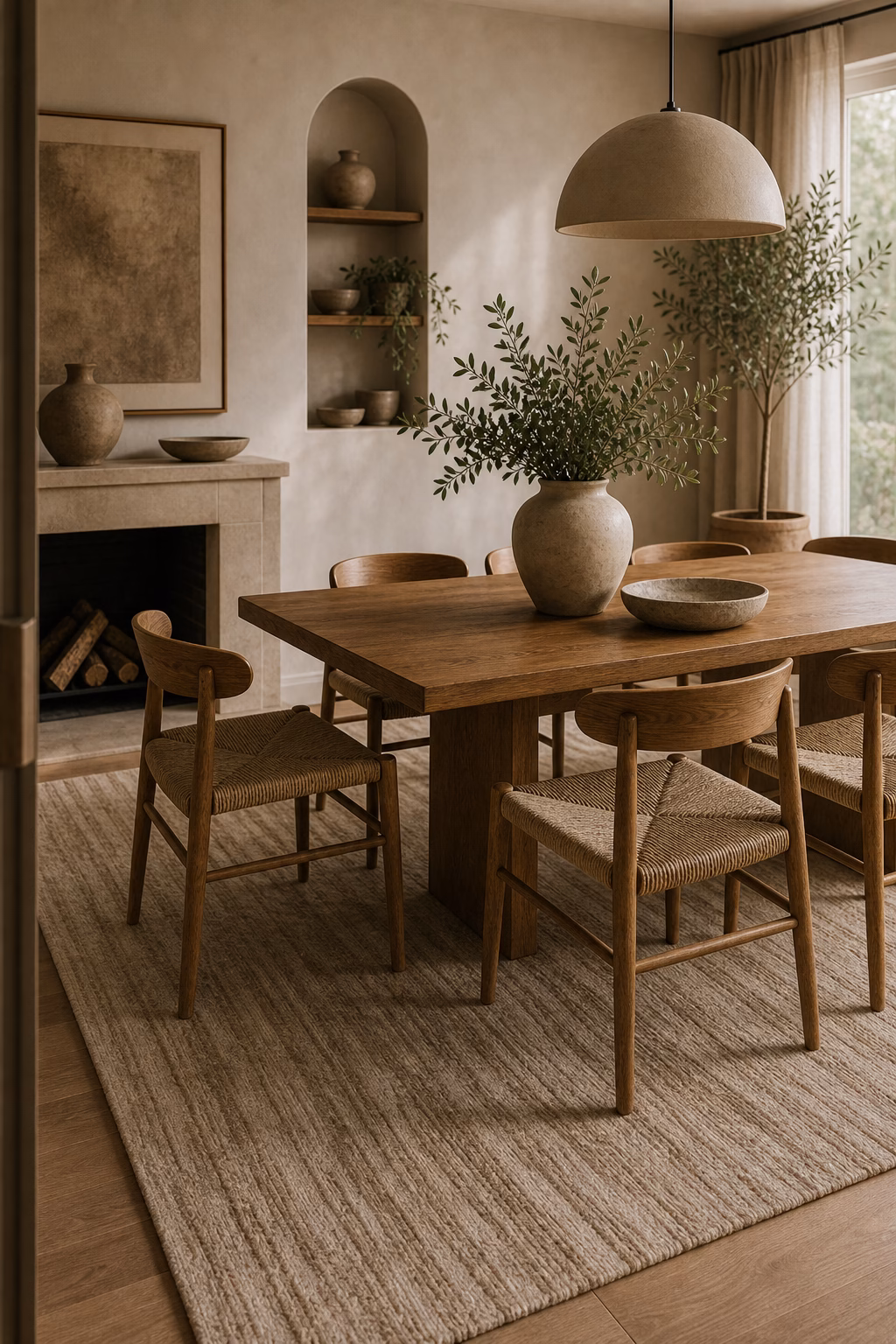 choose a rug with subtle movement shown in a polished organic modern dining room with realistic materials and natural light.