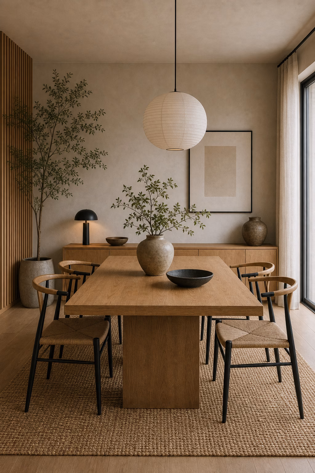 use matte black in small doses shown in a polished Japandi dining room with realistic materials and natural light.
