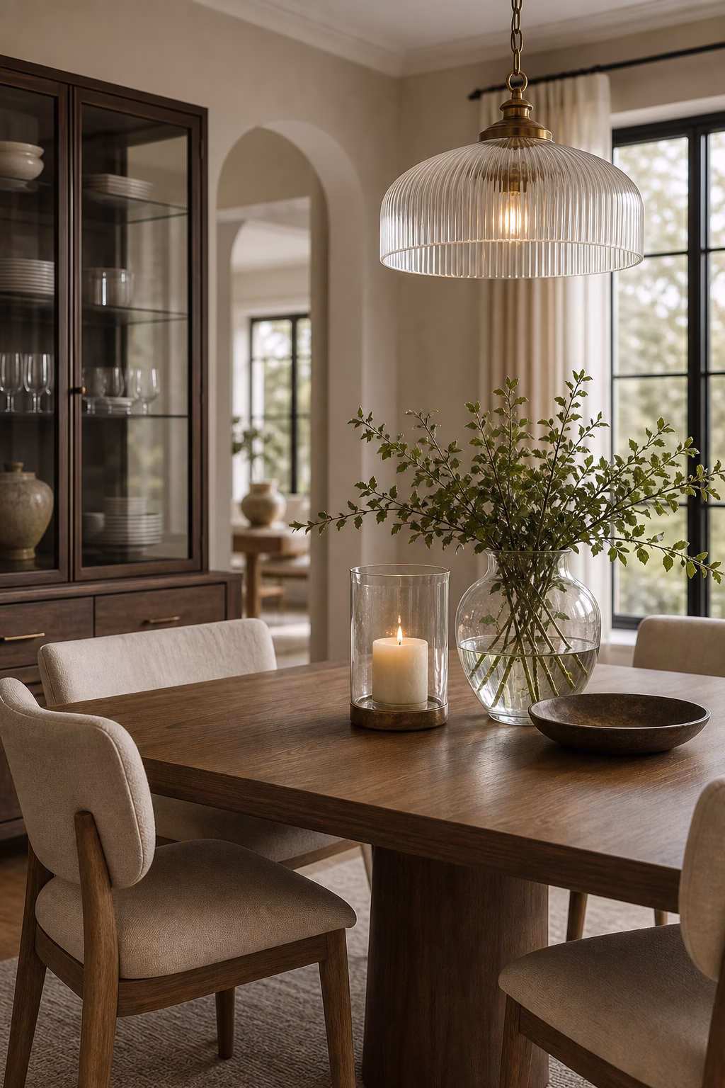 Contemporary dining room with glass cabinet details and reflective accents.