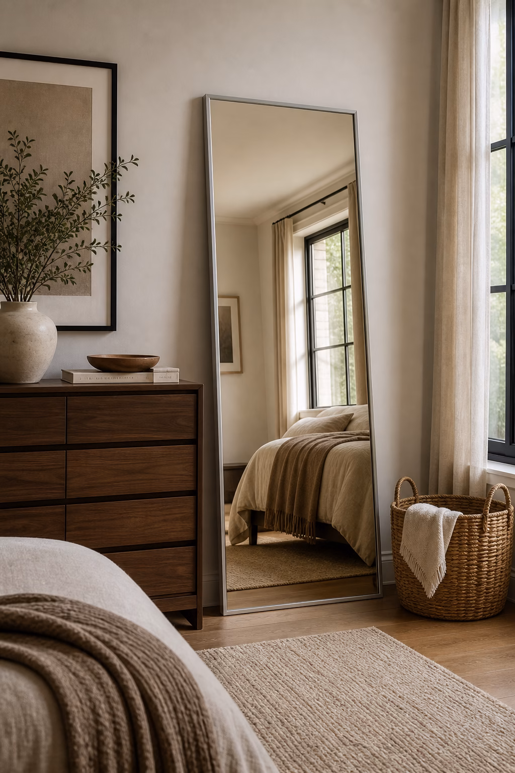 Aluminum framed floor mirror softened with walnut and oak bedroom accents