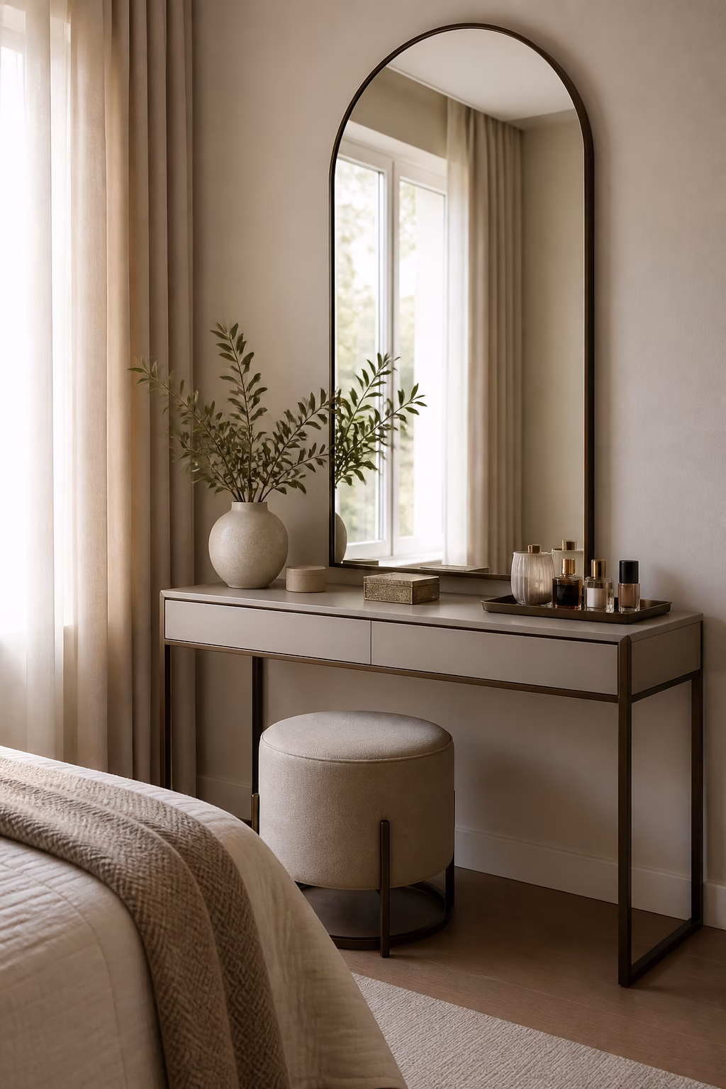 Arched mirror above a sleek bedroom dressing table.