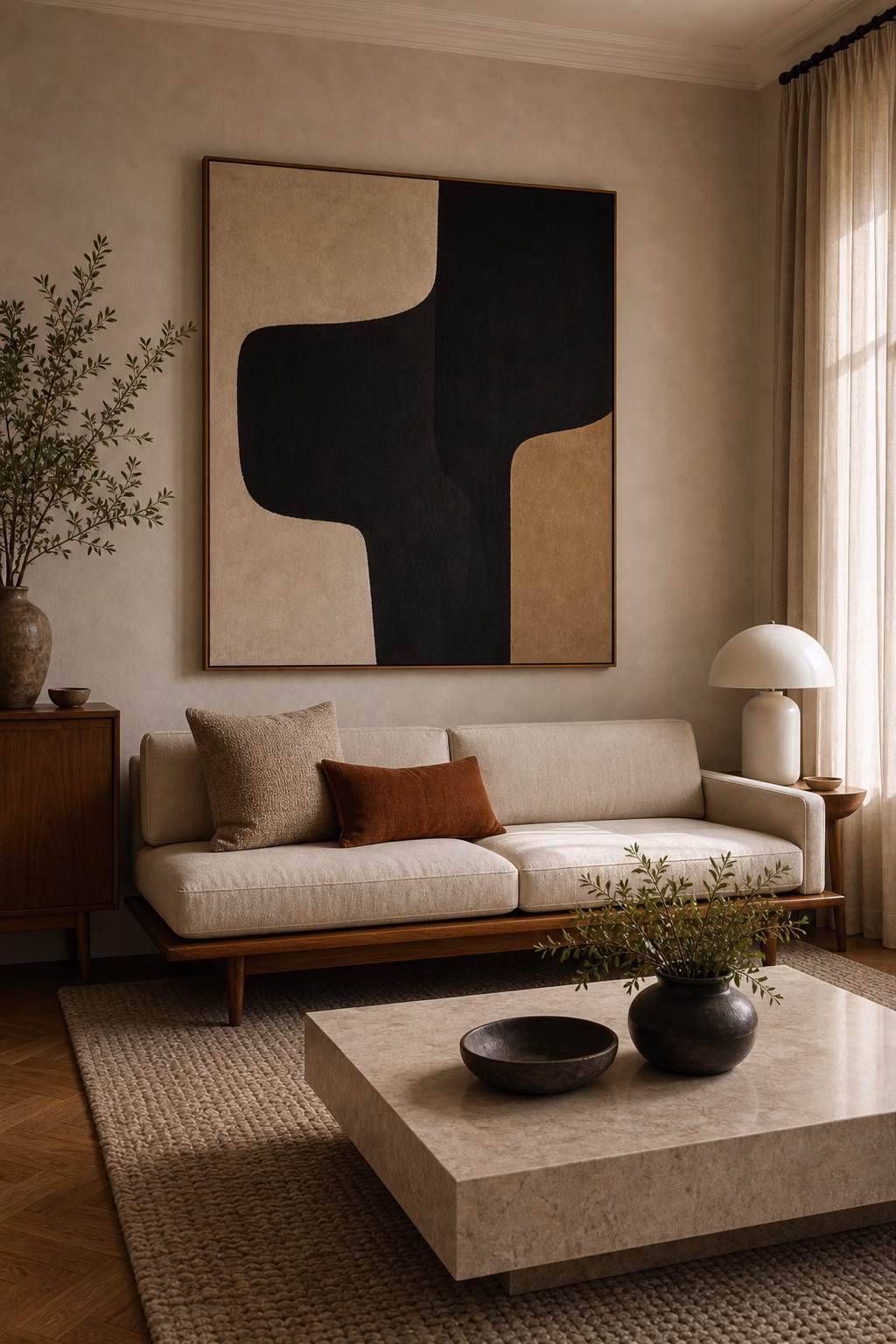 Large abstract artwork above a mid-century sofa in a refined living room