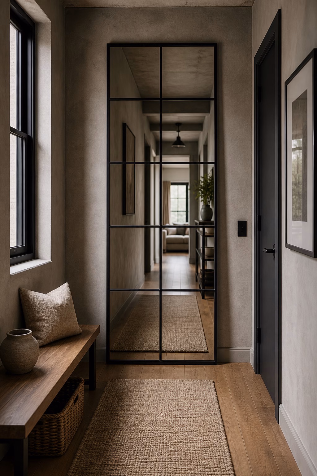 Black steel grid mirror adding structure to a narrow hallway