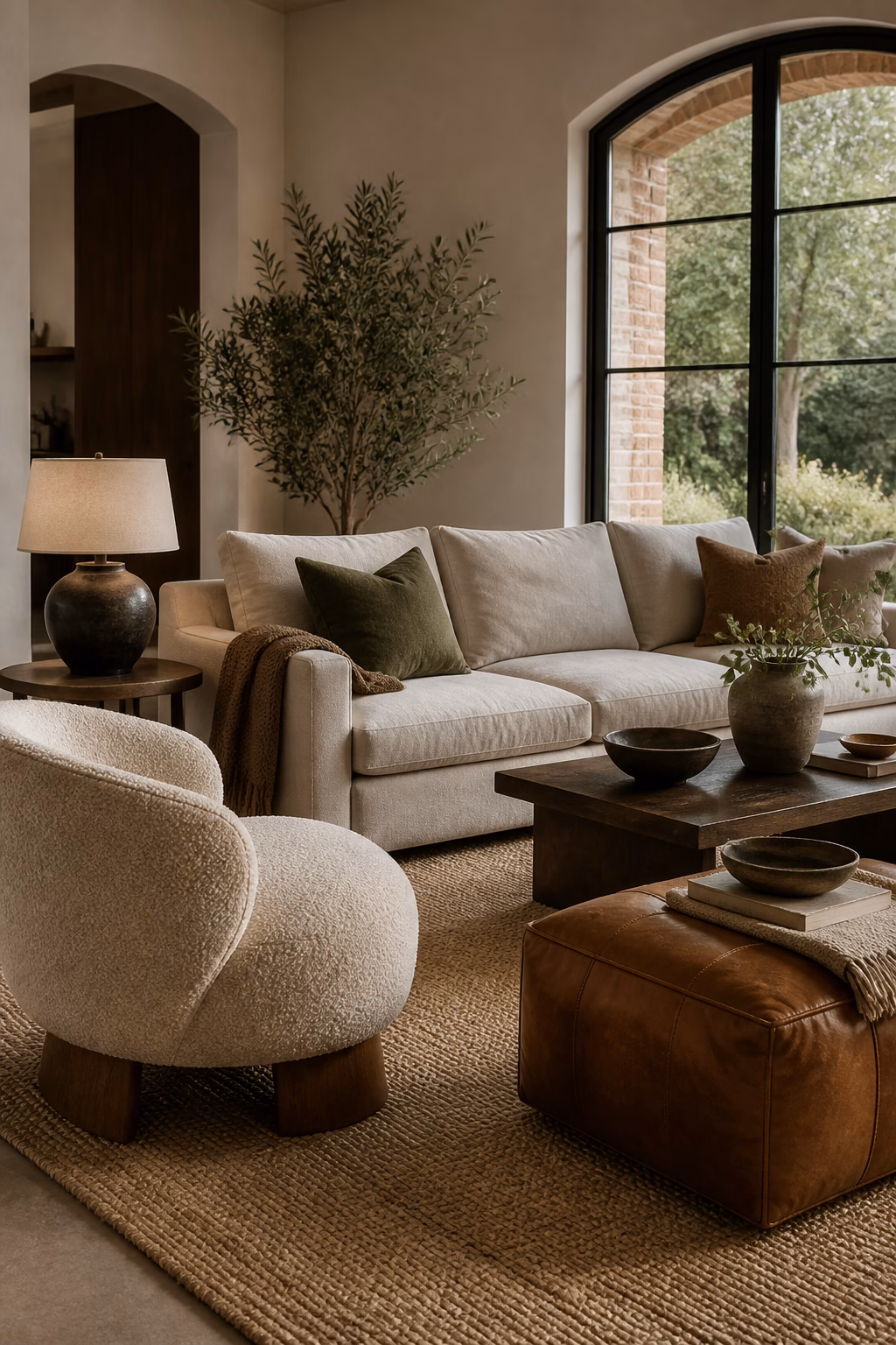 Boucle lounge chair paired with linen sofa and leather ottoman