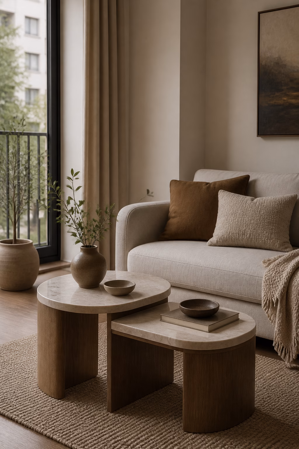 Nesting tables beside a sofa in a small cozy apartment