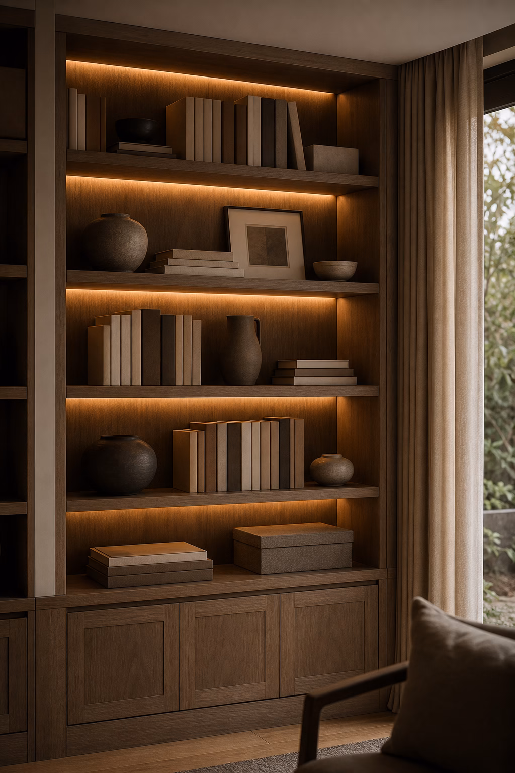 Warm integrated shelf lighting illuminating styled bookshelves