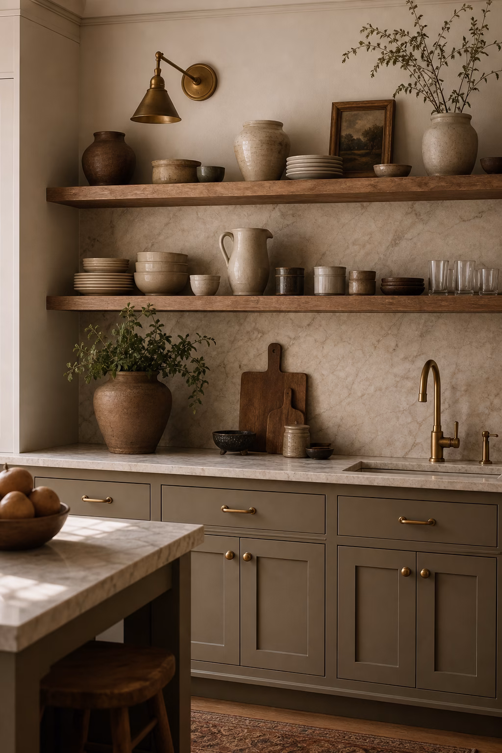 Open kitchen shelves layered with collected ceramics, bowls, and refined negative space.