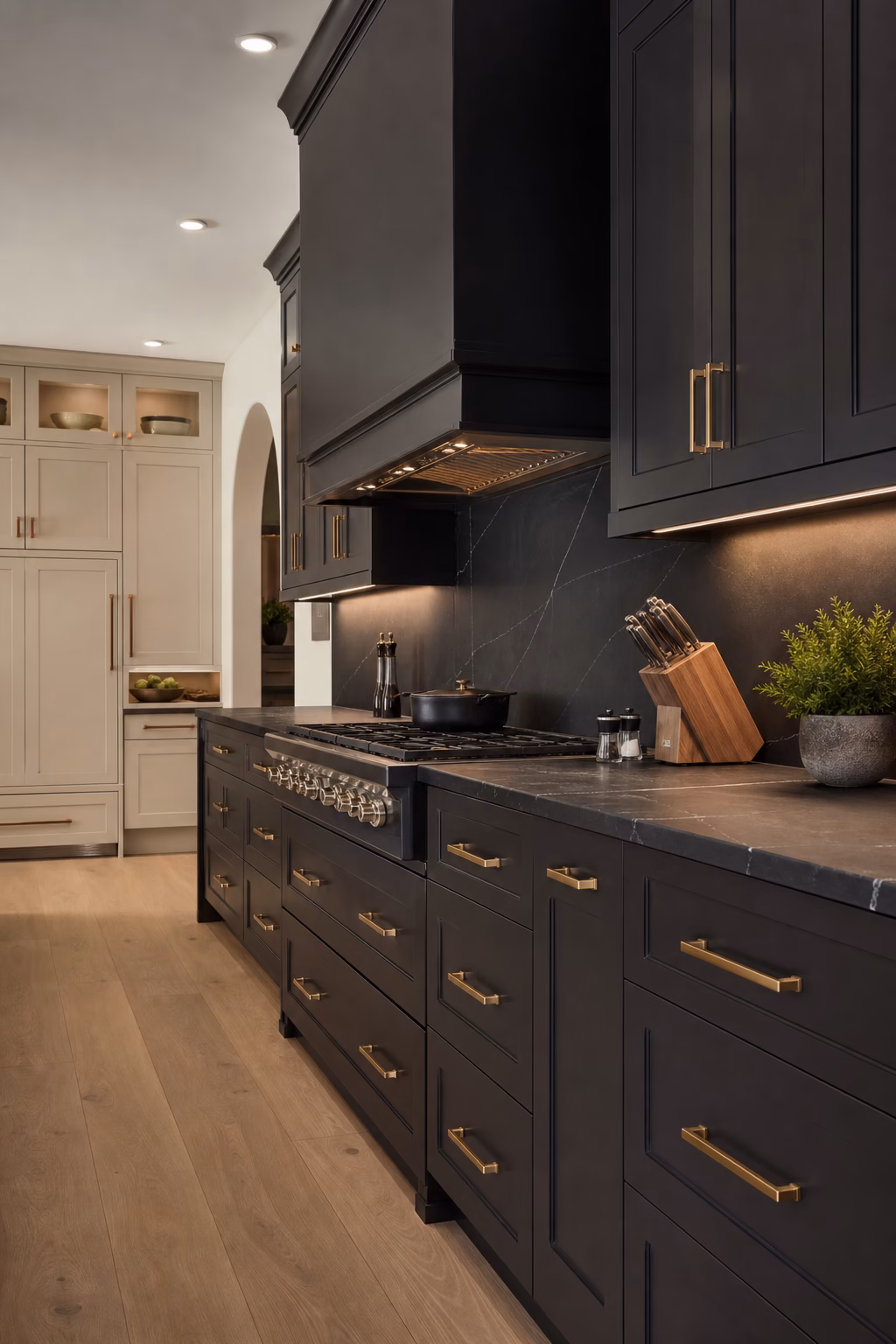 Modern kitchen with a dark prep zone, soapstone counters, and lighter surrounding cabinetry.