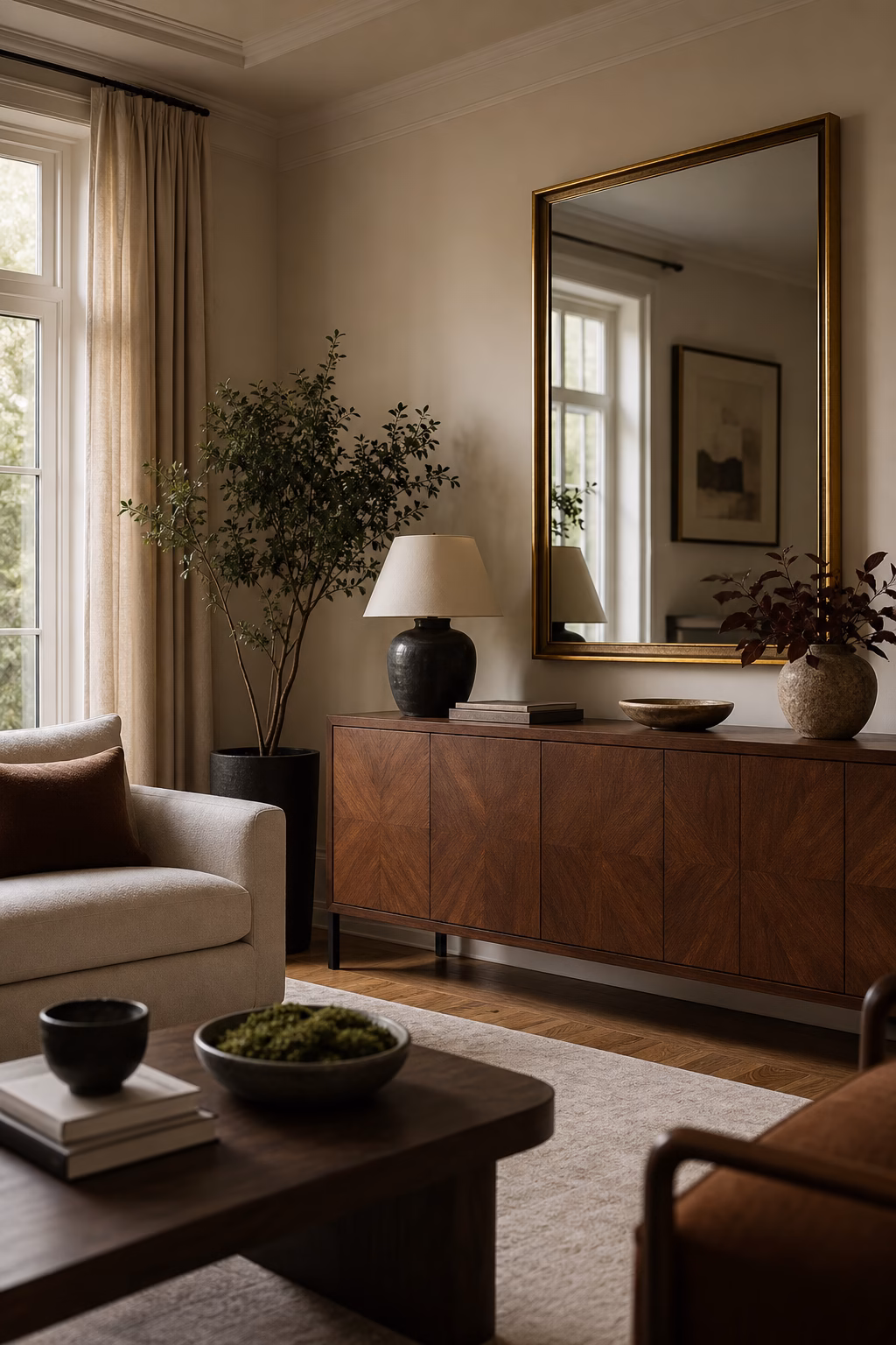 Aesthetic living room mirror reflecting window light and art