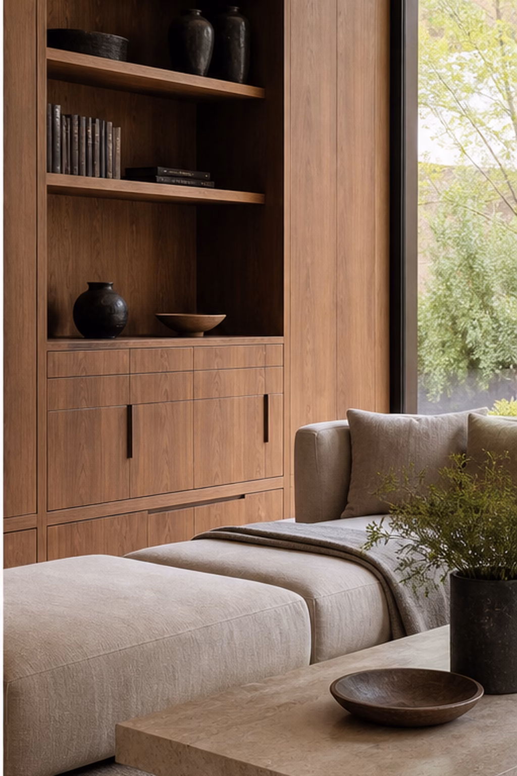 Natural walnut wall with clean detailing in a modern family room