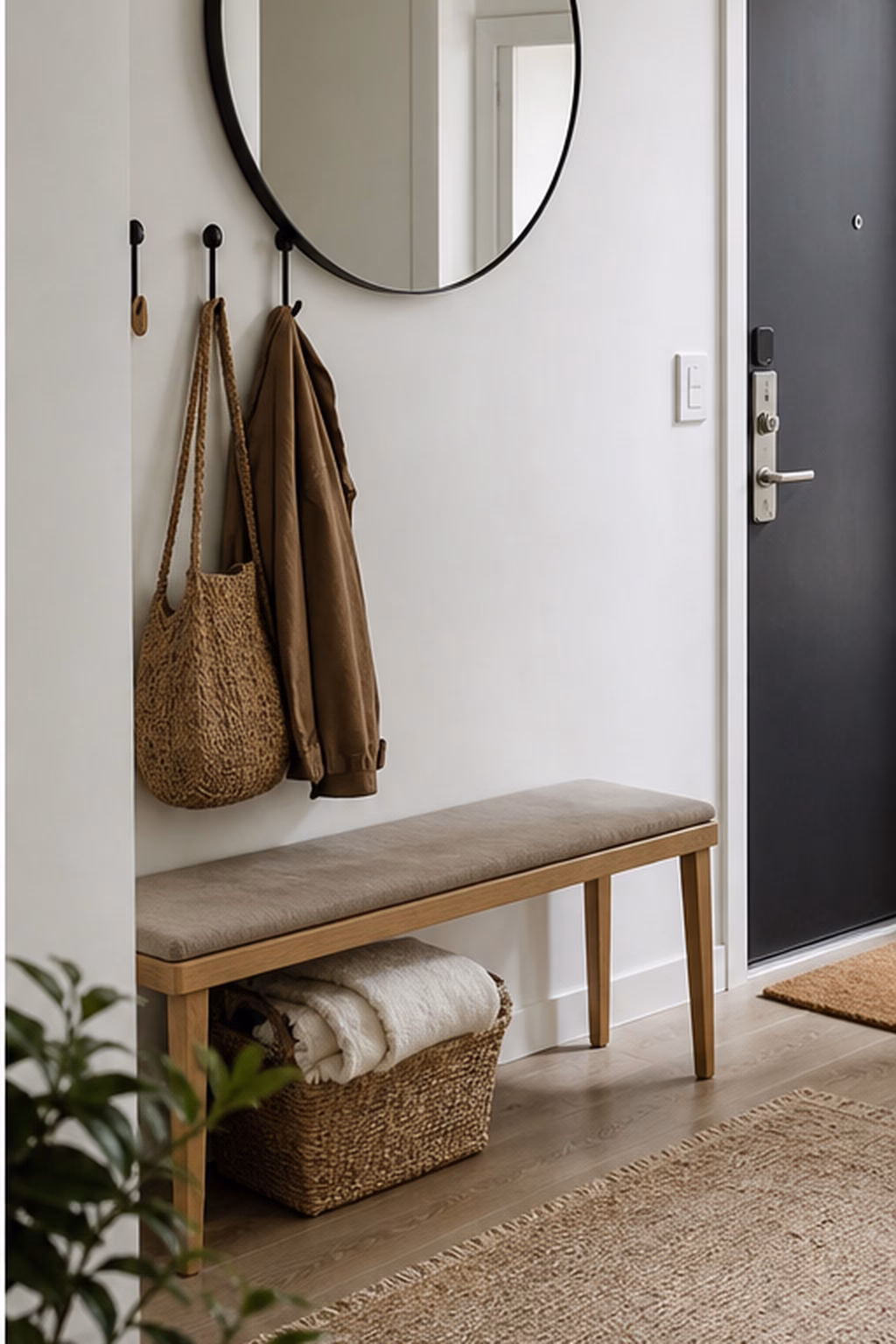 Round mirror making a rental apartment entry feel built in