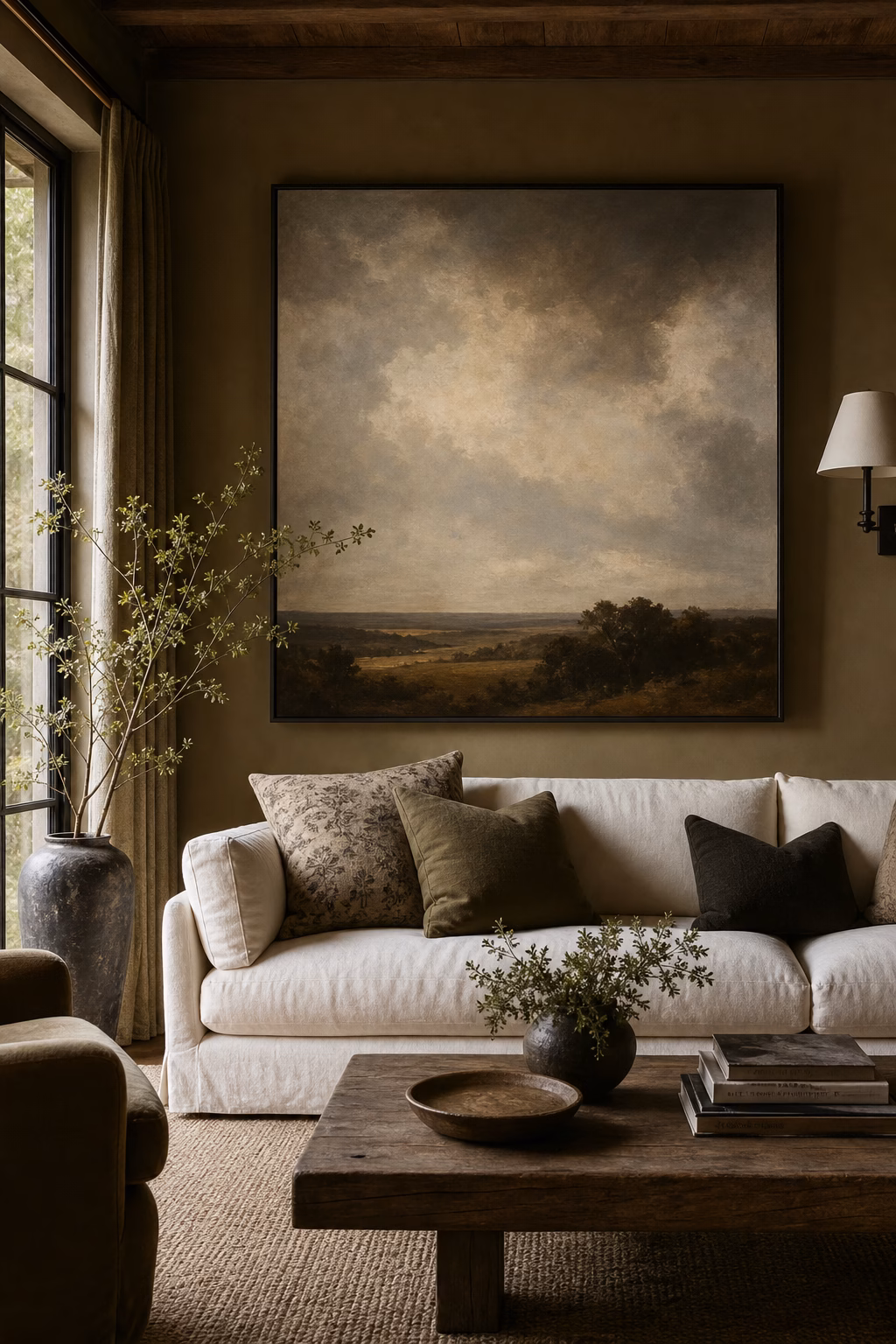 Warm living room with large art above sofa and soft decor palette