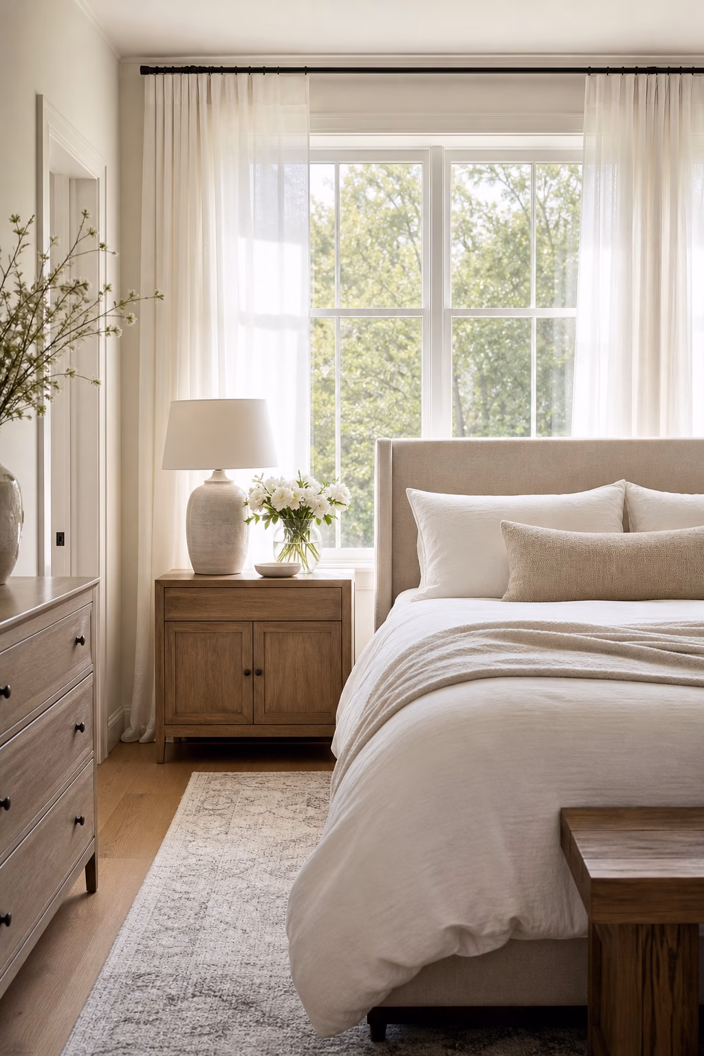 Light linen window treatments refreshing a spring bedroom