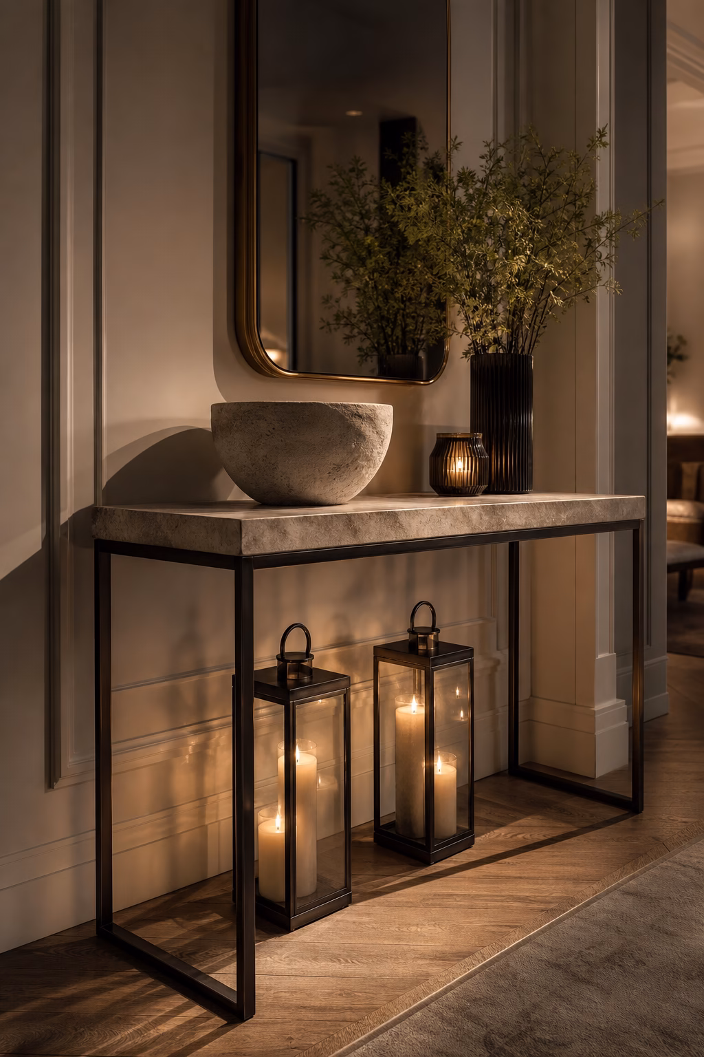 Candle lanterns styled beneath a narrow hallway console table
